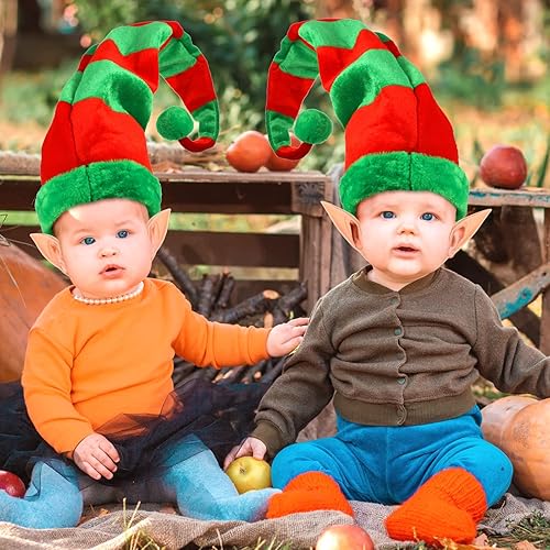 Miniatura 6 de Hillban 4 piezas de sombreros y orejas de elfo de Navidad, accesorios de gnomo de elfo para disfraz de fiesta de Navidad (estilo a rayas)