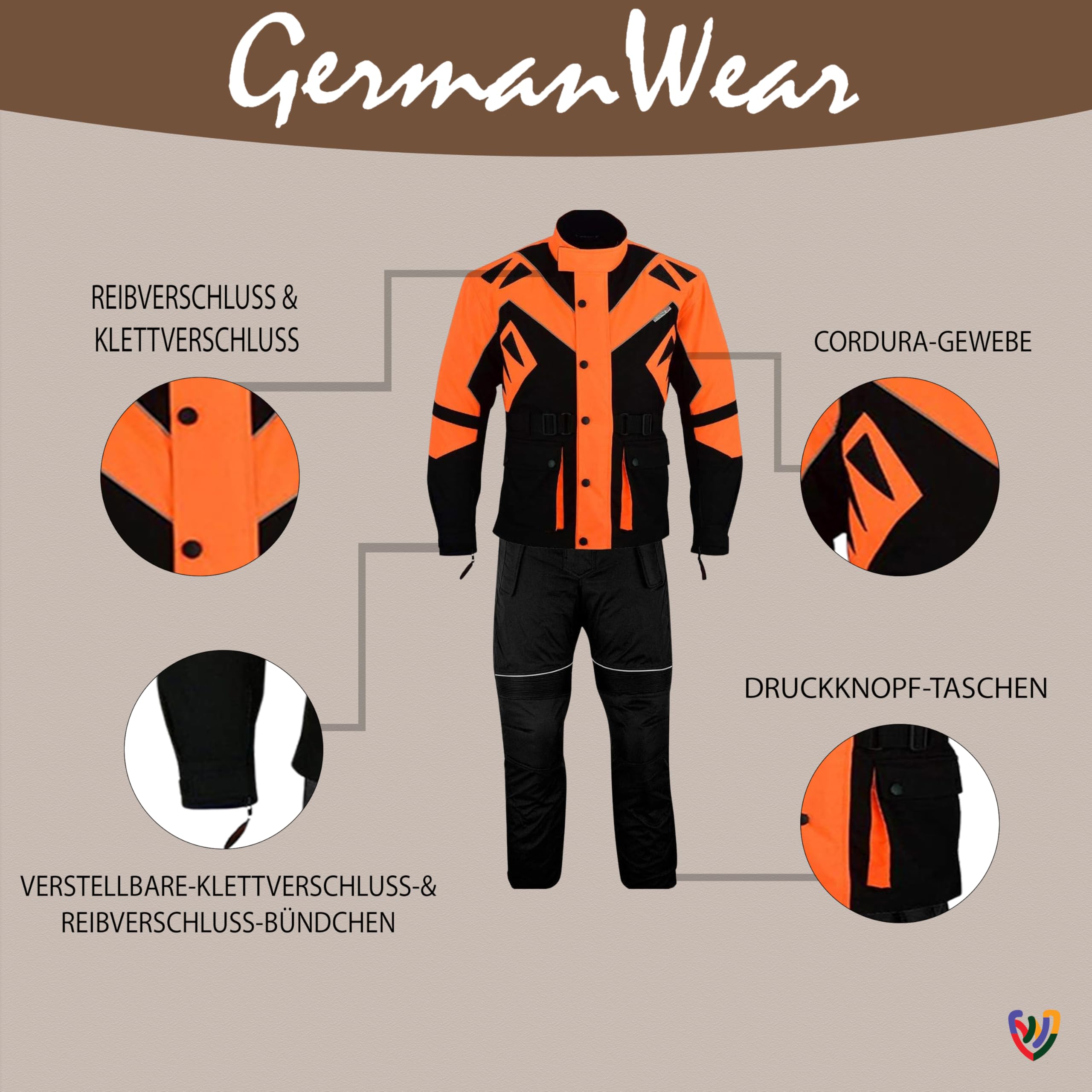 German Wear Herren-Motorradjacke Aus Cordura Polyester (Schwarz/Orange) – Wetterfeste Textiljacke Mit Protektoren-Taschen