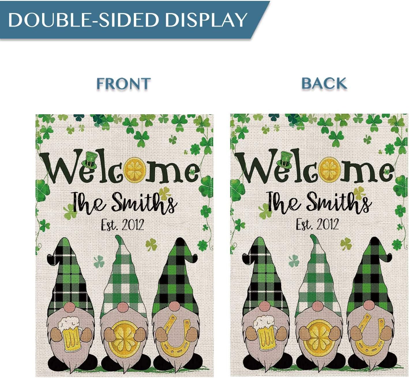 Smile Personalized St. Patricks Gnomes Shamrock House Flag, Welcome Customized Family Last Name and Year, Double Sided 28 x 40 Inch Rustic Farmhouse Burlap Yard Outdoor Decoration