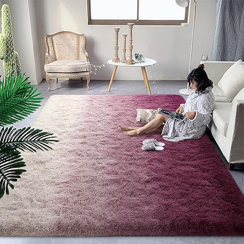 Miniatura 2 de DweIke Alfombra moderna de lujo de 4 x 6 pies, alfombra suave de pelo alto para sala de estar, dormitorio, hogar, color rosa y blanco,