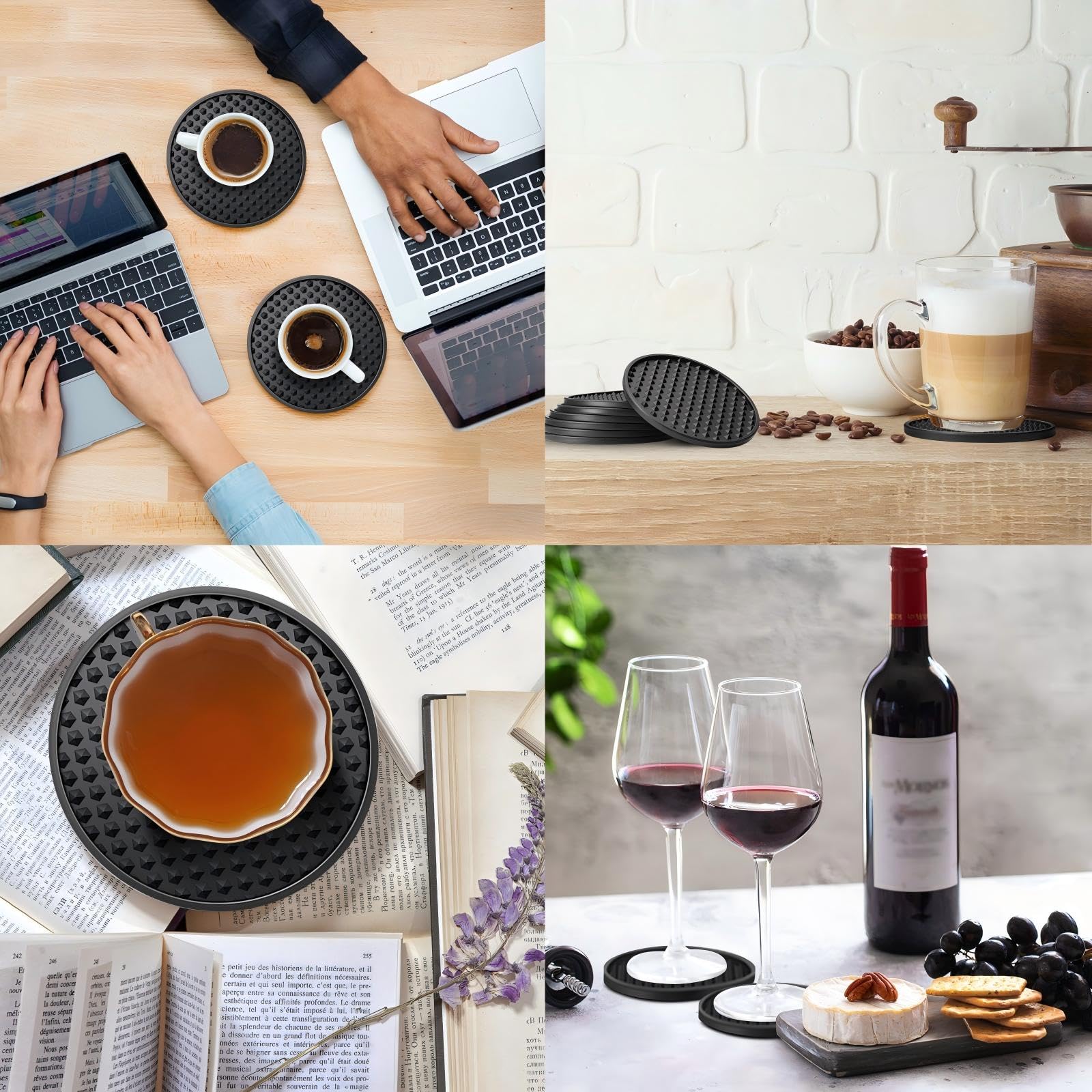 Eccliy Paquete de 60 posavasos de silicona antideslizantes para bebidas, resistentes al frío y al calor, para mesa, mesa de café, bar (negro)