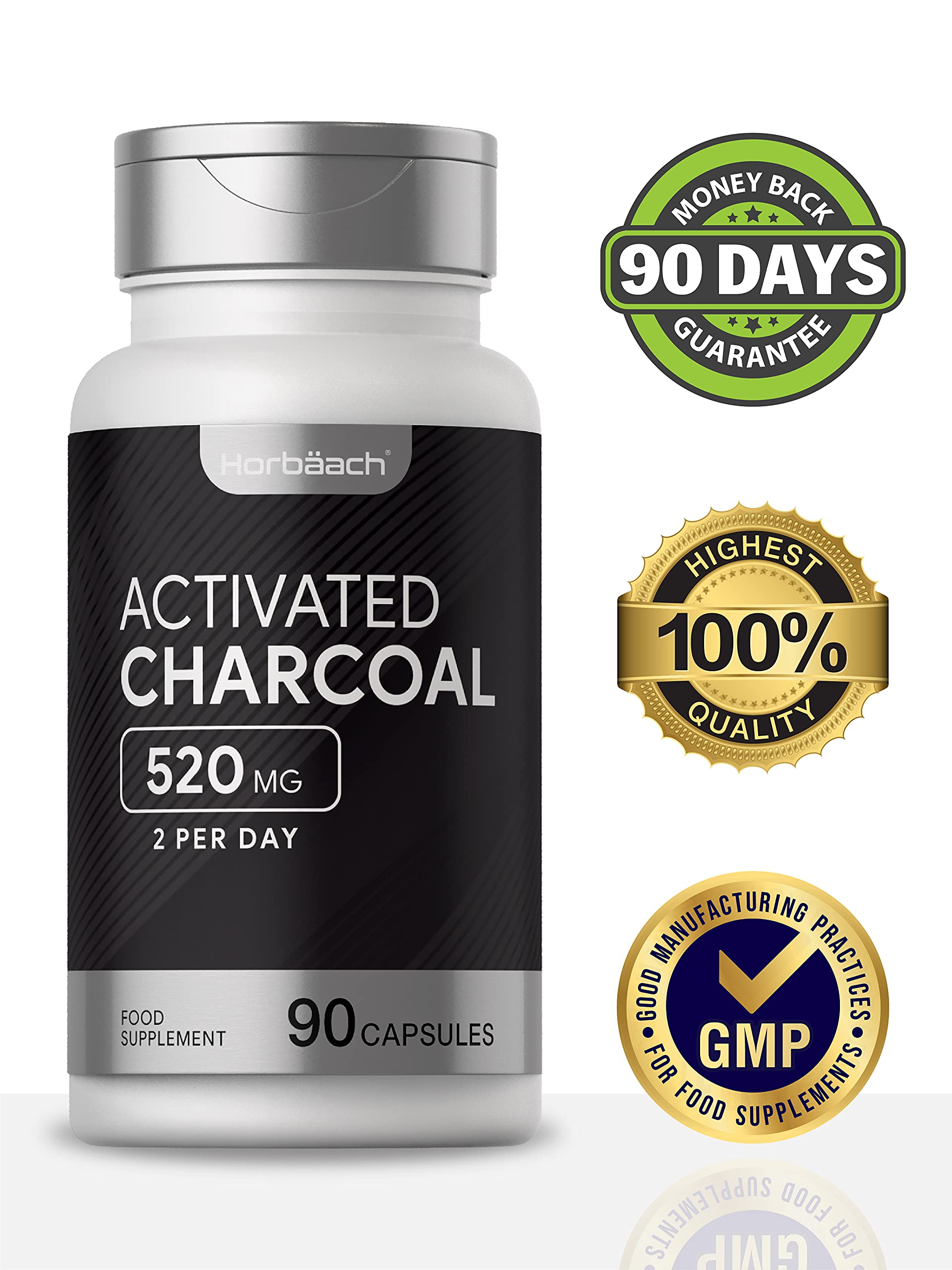 Activated Charcoal 520mg 90 Capsules Natural Coconut Charcoal