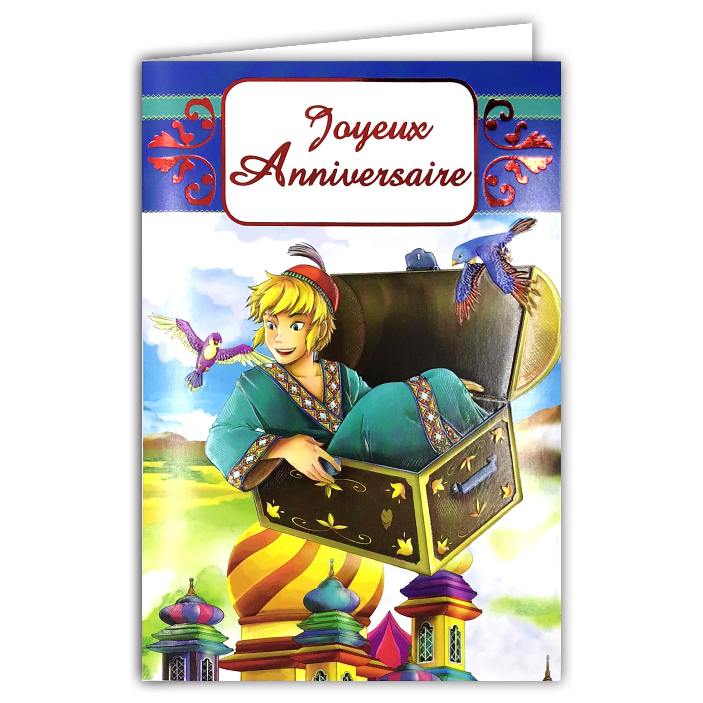 AFIE Happy Birthday Prince Child Flying Chest Illustration Youth Palace One Thousand and One Nights Manga Cartoon Fairy Tale Legend Parrots Aladdin White Envelope 12 x 17.5 cm 67-1052-A