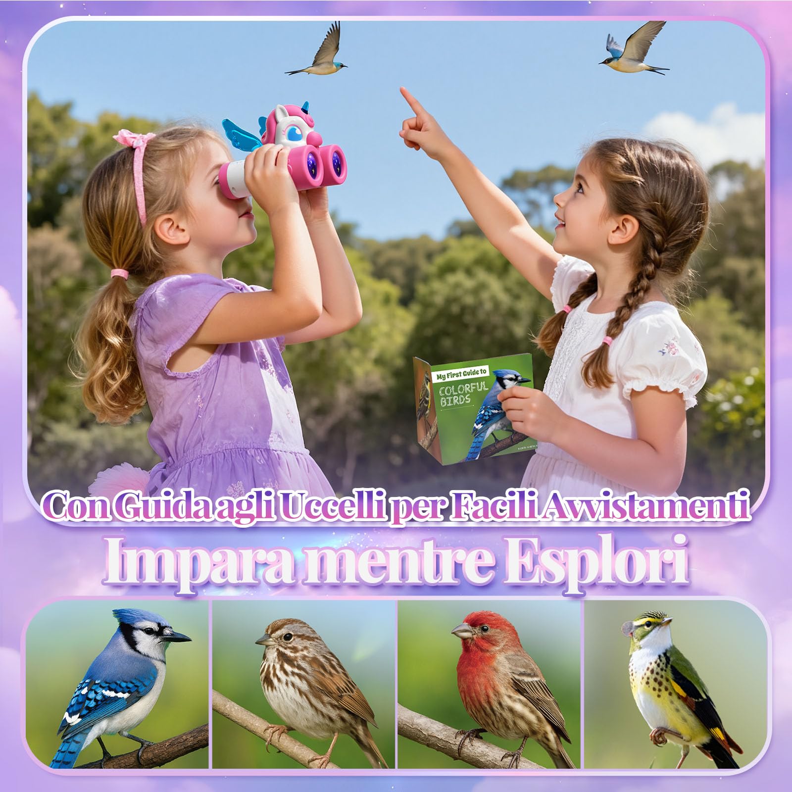 Binocolo Bambini con Guida Uccelli, Unicorno Bambina Regalo 3-12 Anni Giochi Bambina 3 4 5 6 7 8 9 Anni, Giocattolo Bambini Gioco Bimba 3-10 Anni Femmina Esterno Giardino Educativo Regali Compleanno