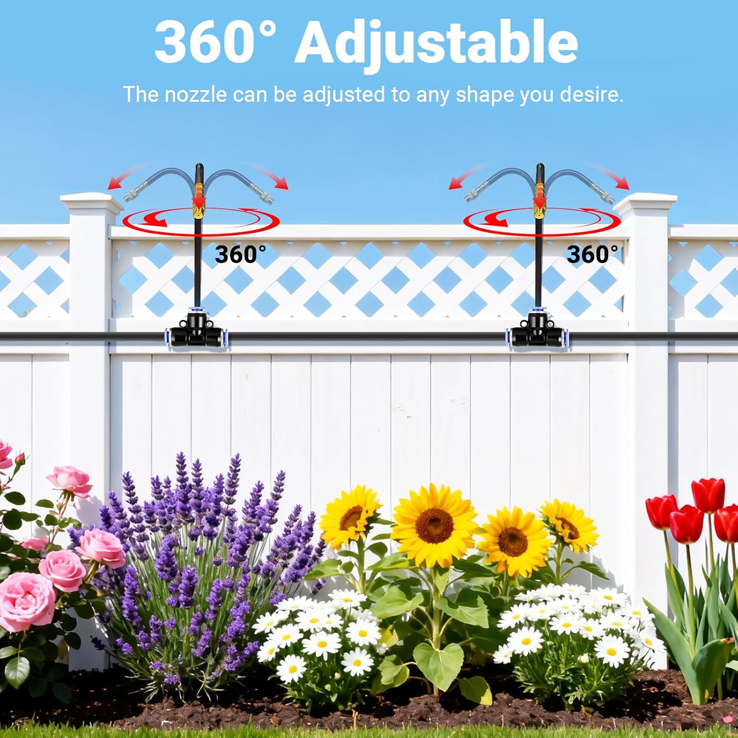 360° Adjustable Drip Irrigation System - Compatible 1/4" Irrigation System, 50FT Garden Watering Atomizing System with 15 Nozzles, Greenhouse Accessories for Yard, Lawn, Plants, Garden