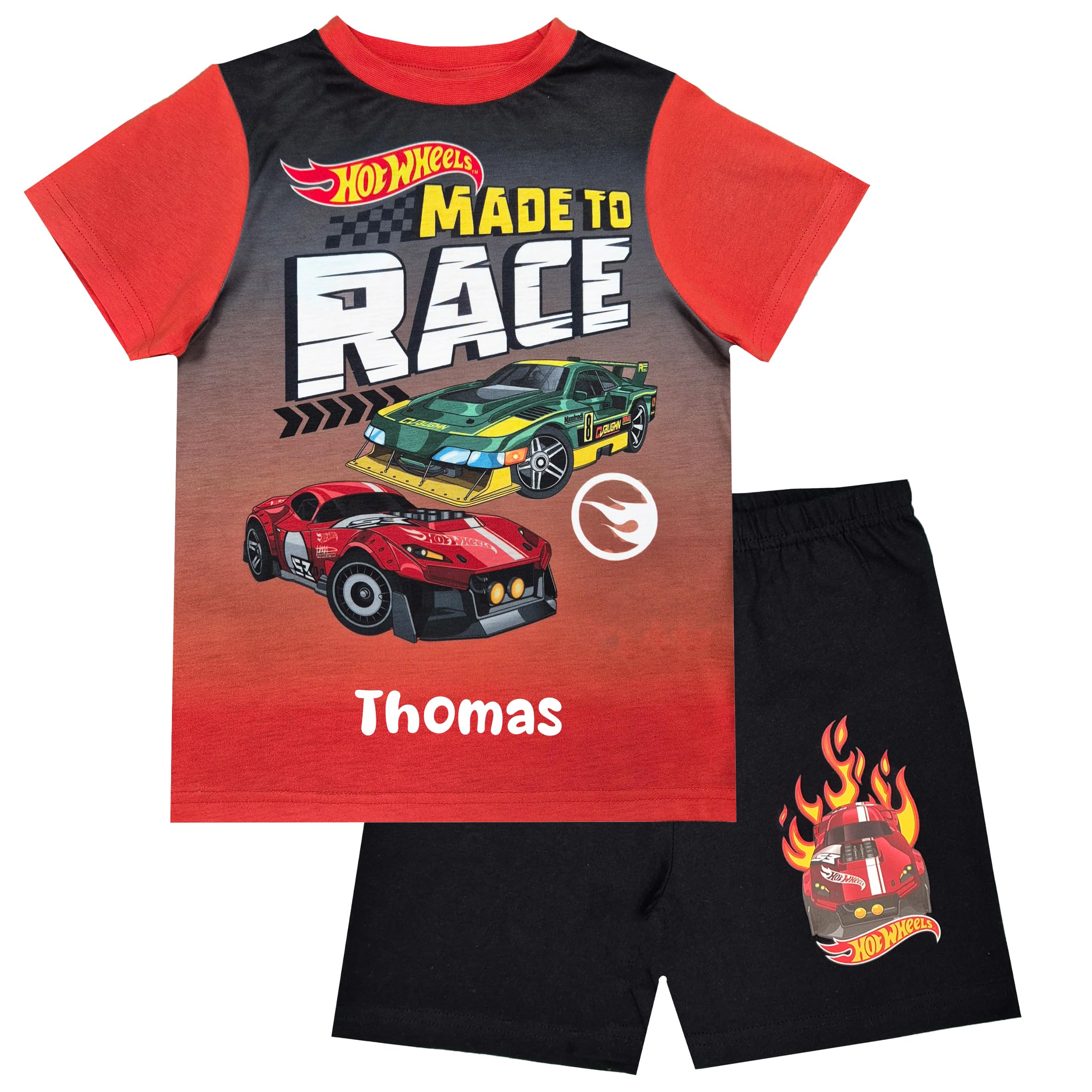 Hot Wheels Personalised Boys Short Pyjamas Cars Made to Race PJs Nightwear (Personalised Made to Race Shortie, 3-4 Years) Multicolour