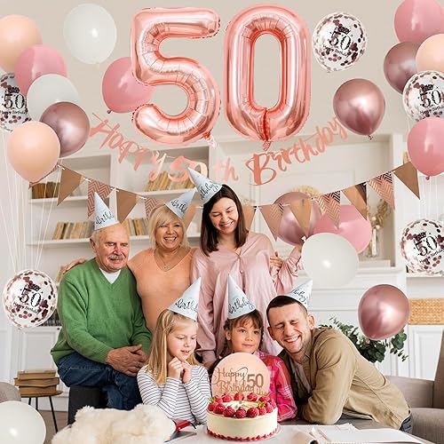 Miniatura 5 de Decoraciones de cumpleaños número 50, globos retro de oro rosa rosa, globos de cumpleaños 50, pancarta de feliz cumpleaños 50 con adornos para
