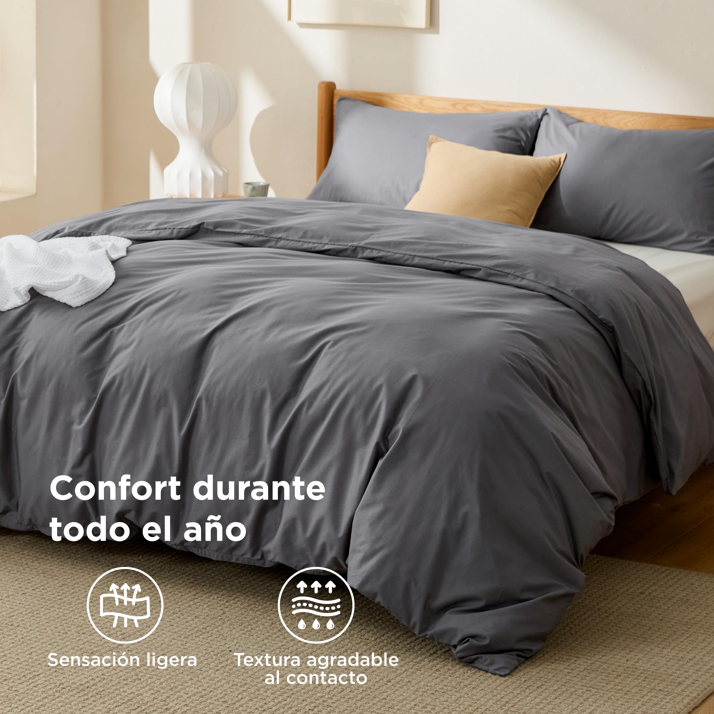 BEDSURE Komplet pościeli bawełnianej, 260 x 240 cm, antracyt, 1 poszwa na kołdrę 260 x 240 cm + 1 poszewka na poduszkę 50 x 75 cm, komplet pościeli z zamkiem błyskawicznym