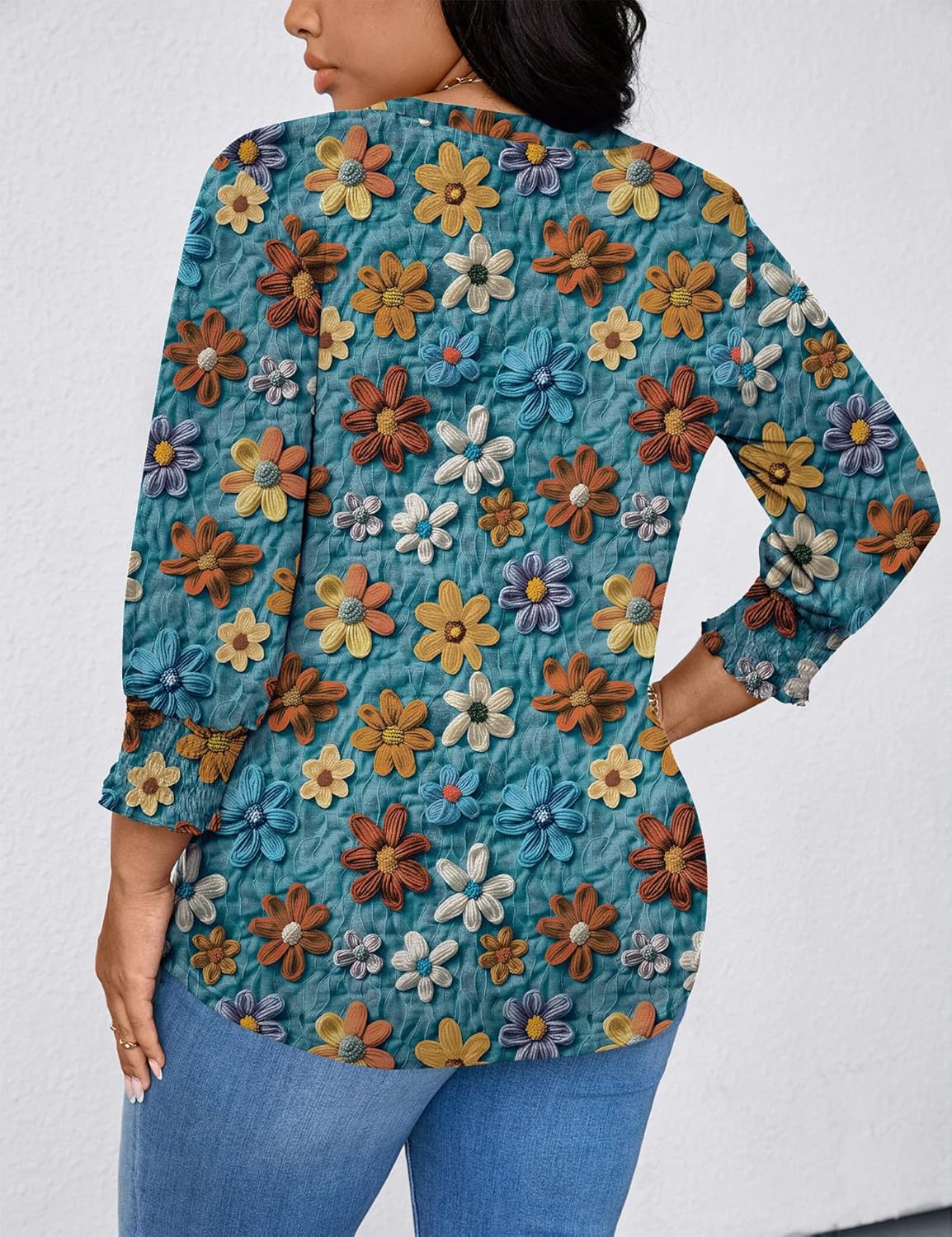 TFSDOD Womens Plus Size Tops 3/4 Sleeve Blouses Summer V Neck Shirts Smocked Cuffs Spring Outfits 1X-5X - Image 3