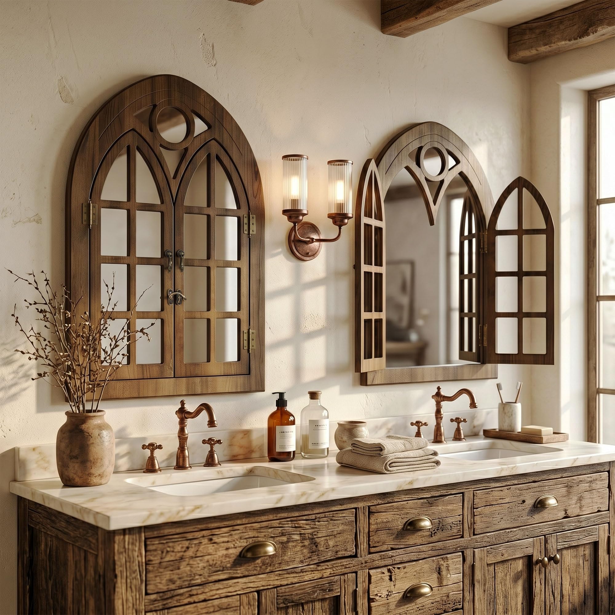 Espejo de Pared Estilo Ventana de Arco con Marco de Madera Abrible, Diseño de Ventana para Salón, Dormitorio & Entrada