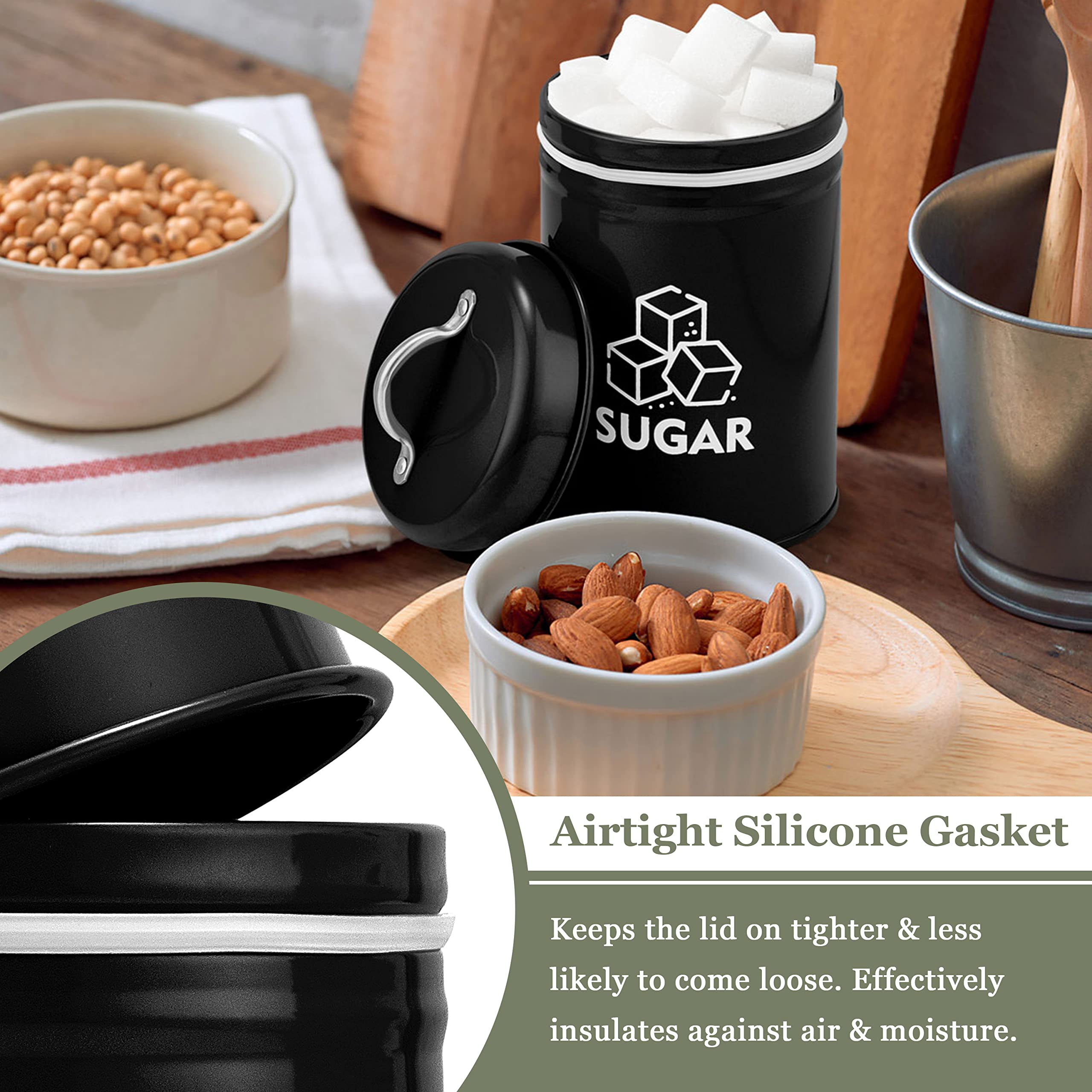 Joyfair Contenitori per tè, caffè, zucchero, confezione da 3 barattoli in metallo con coperchio ermetico, contenitori rotondi per alimenti, ideali per conservare fagioli, ufficio/campeggio, nero