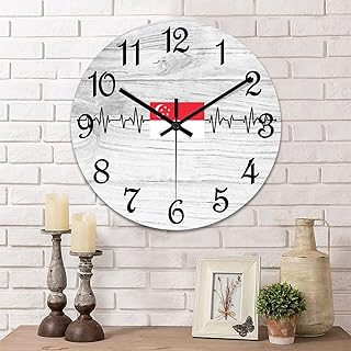 COCOKEN Singapore Flag Heartbeat Wooden Wall Clock Singapore Quiet Digital Round Wall Clock Wood Clock Stylish Wall Decor Home Decor Clock for Dining Room Farmhouse