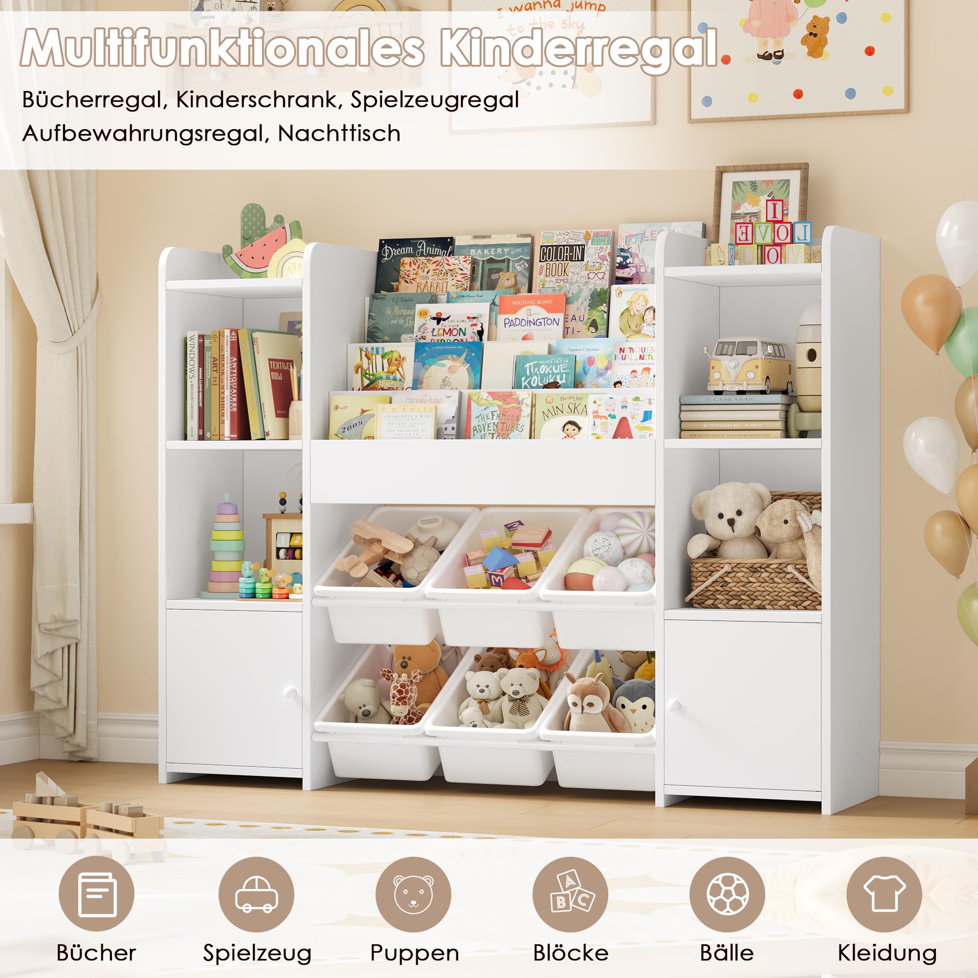 FOREHILL Kinderregal mit Kinderbücherregal Kinderzimmer Möbel aus Holz Bücherregal für Kinder mit Aufbewahrungsbox Kinderschrank mit Spielzeugkiste Kinderregal mit 6 Boxen 119 x 29,5 x 94 cm weiß