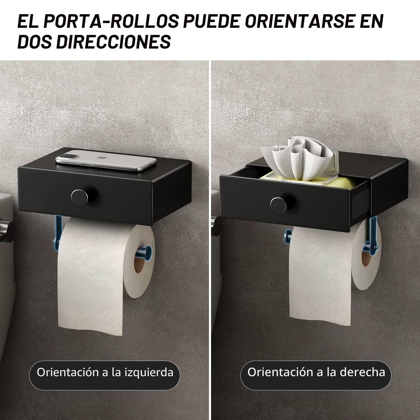 VOLDRA Portarrollos Papel Higienico Adhesivo, Porta Rollos de Papel Higienico con Estante de BañO Sin Taladro Soporte Rollo Papel Higienico con CajóN para Toallitas Toilet Paper Holder(Negro)