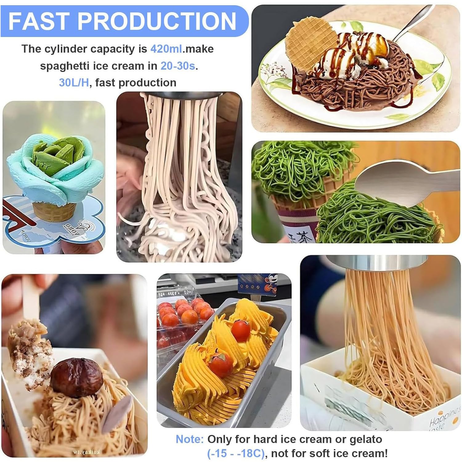 Macchina per Gelato a Forma di Spaghetti, pressa da 80 W con 4 stampi di Diverse Forme, tramoggia da 420 ml e Produzione di 7,4-7,9 galloni/Ora per gelaterie e pasticcerie. White