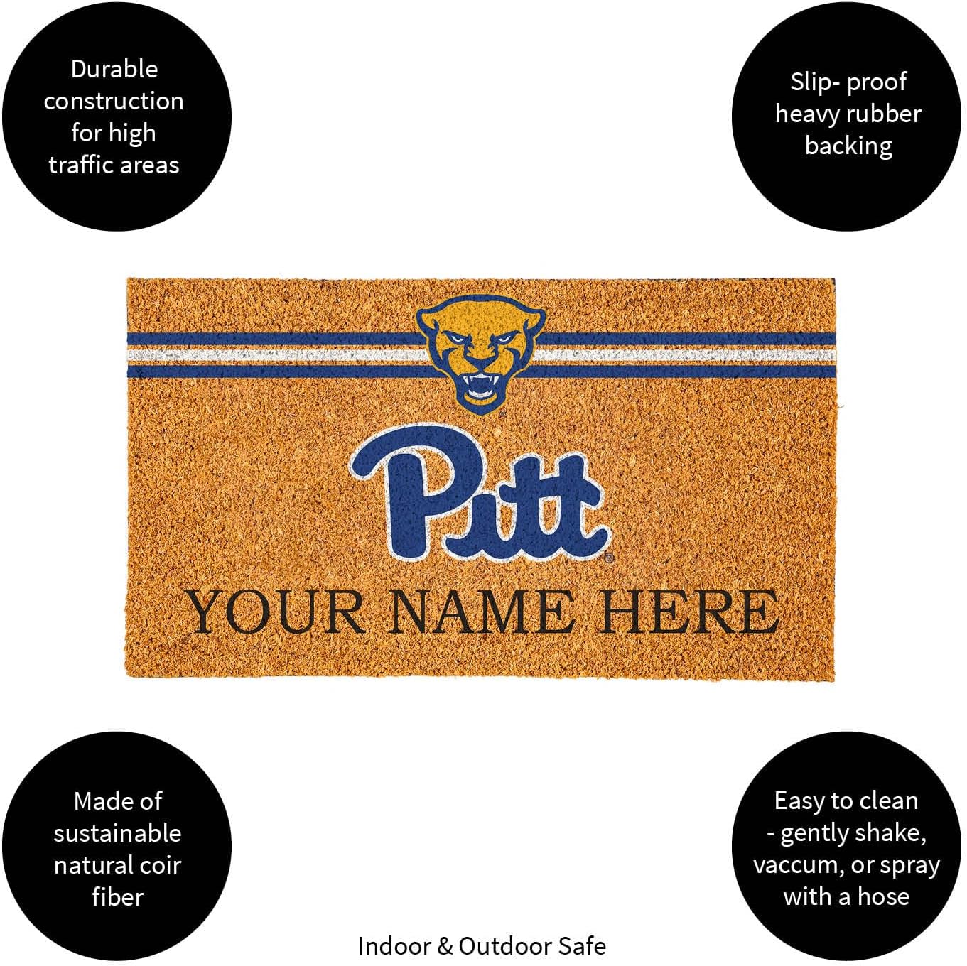 Team Sports America NCAA University of Pittsburgh College Personalized Coir Door Mat, 18 x 30 Inches Custom Name Doormat, Front Door Welcome Mats