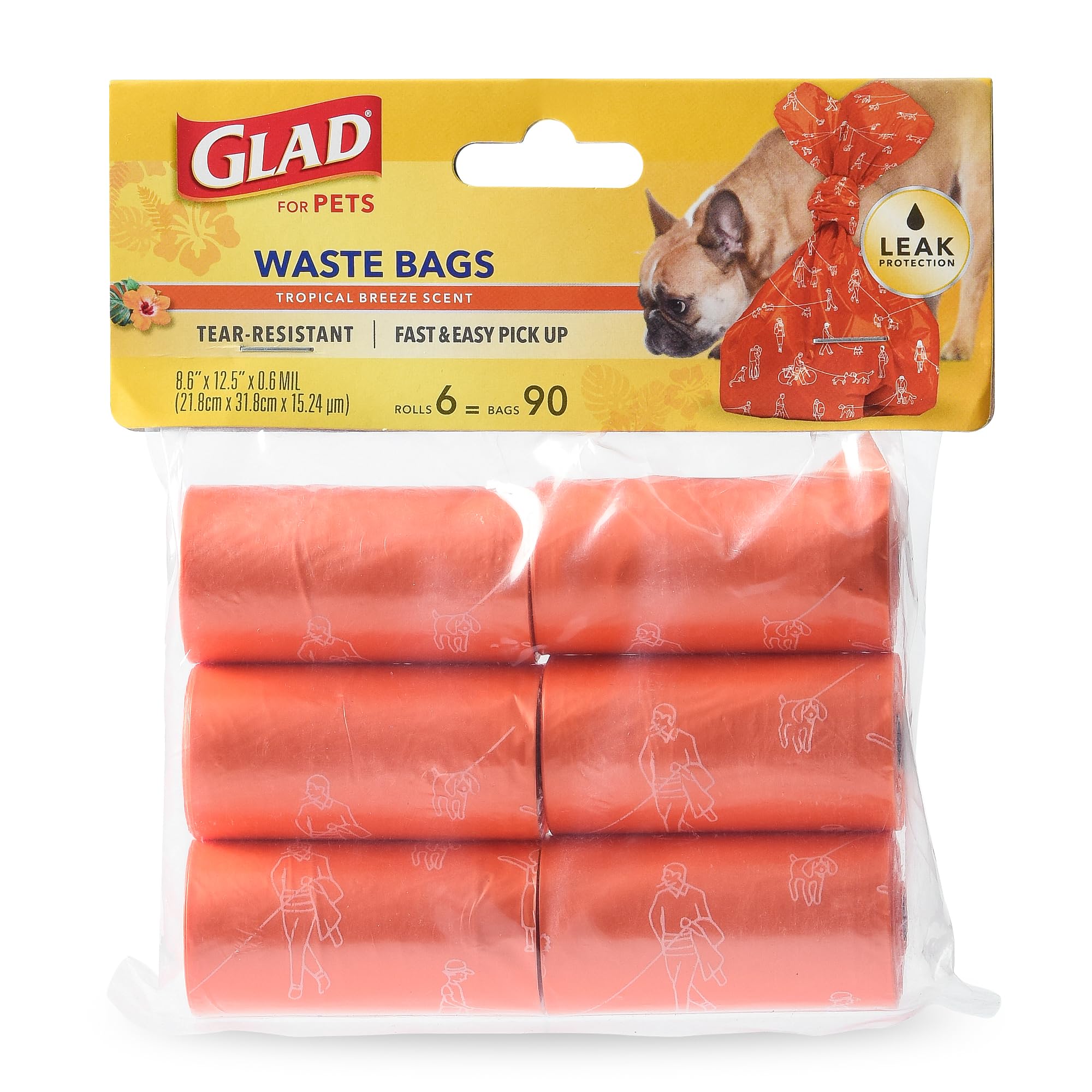 Glad for Pets Heavy Duty Dog Poop Bags - Scented Pet Waste Bag Rolls for Large Dogs & Puppy Supplies, Tear-Resistant Doggie Bags for Waste Cleanup - 6 Rolls, 90 Count