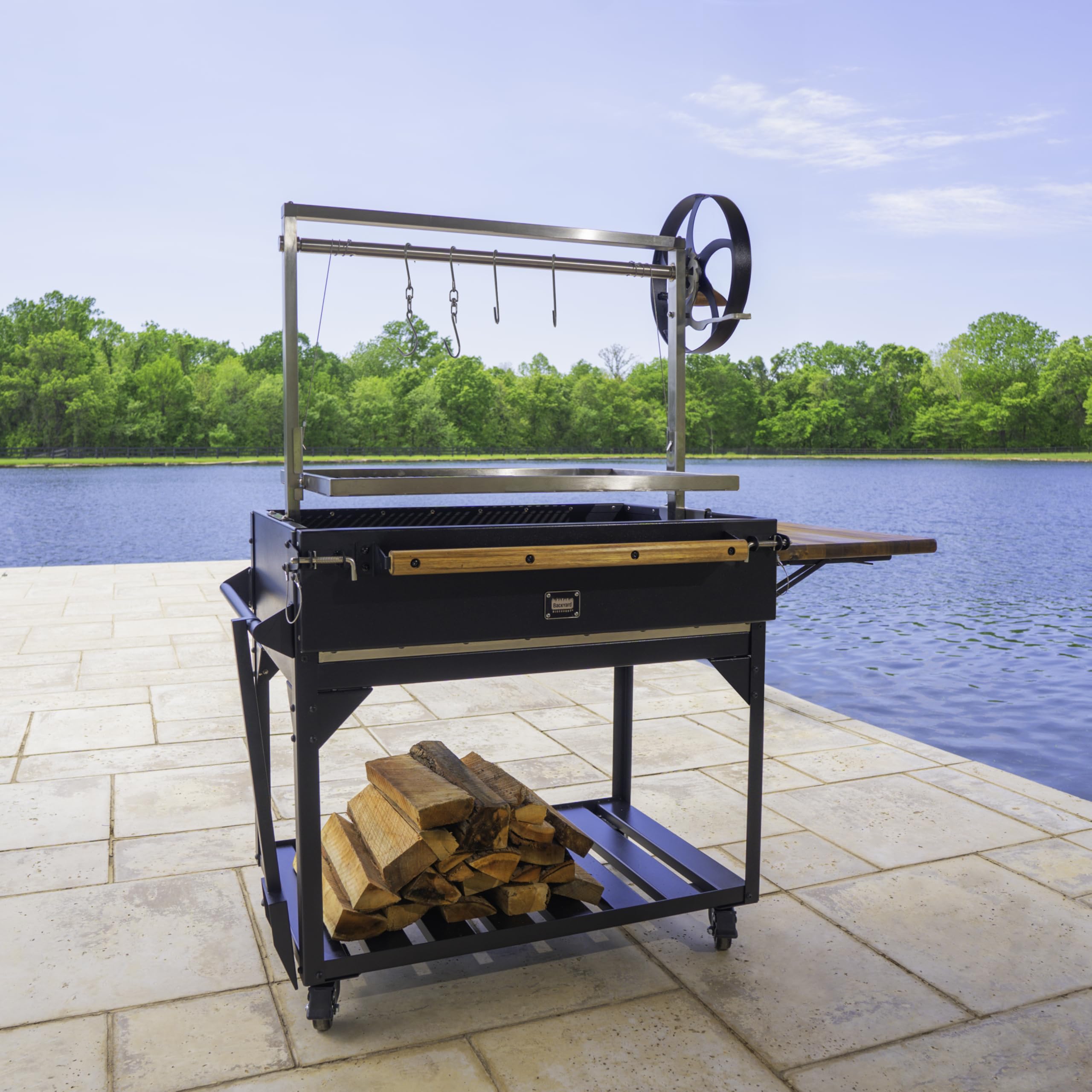 Backyard Discovery Argentine Santa Maria Heritage Wood Fire & Charcoal BBQ Grill with Adjustable Grill Grates, Fire Bricks, Heavy-Duty Steel, S-Hooks, Acacia Wood Table for Outdoor Gaucho Grilling