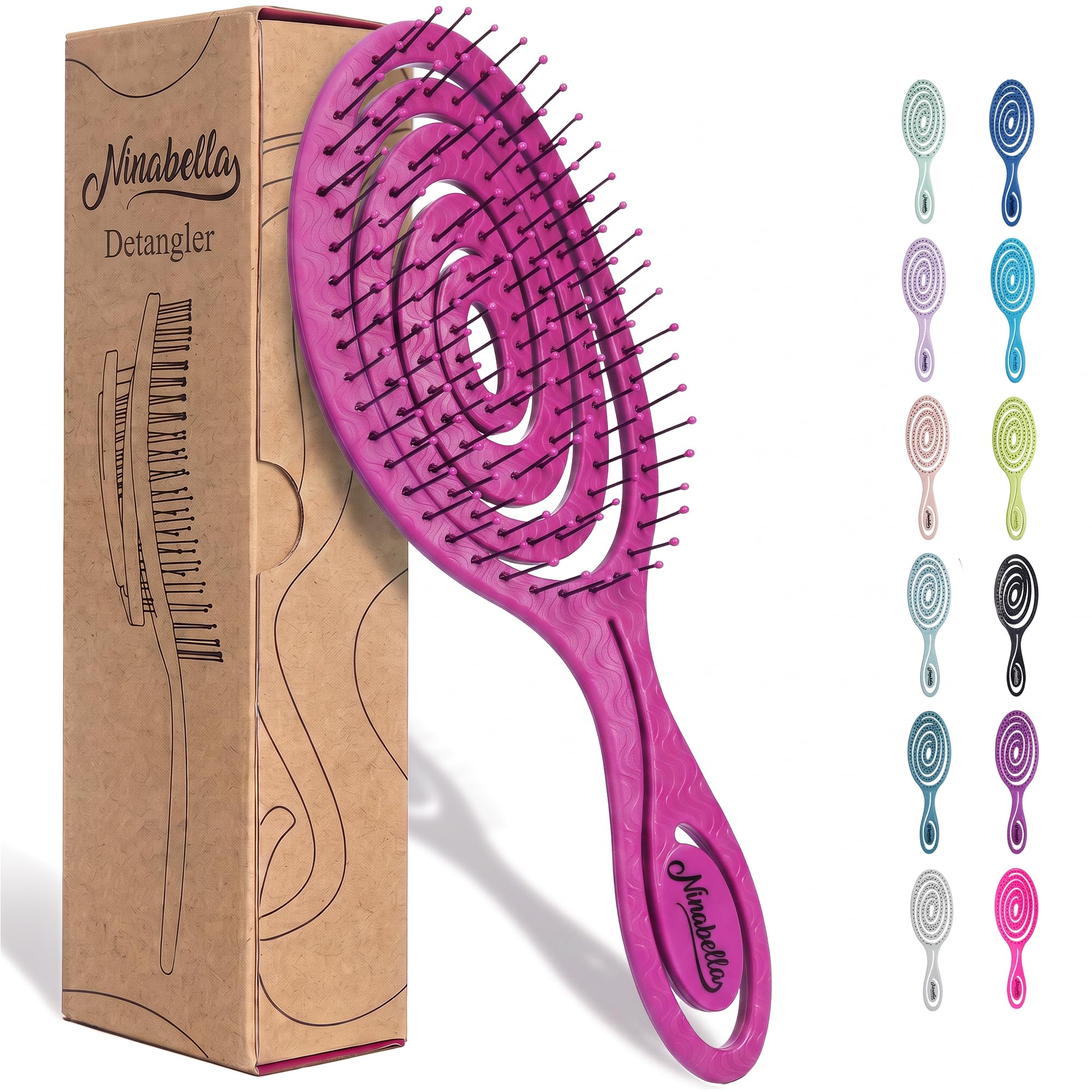 Ninabella Detangling Hair Brush - Gentle Detangler Brush for Curly, Fine, Thick and Long Hair - Hairbrush for Women, Men and Kids - For Wet and Dry Hair - Magenta