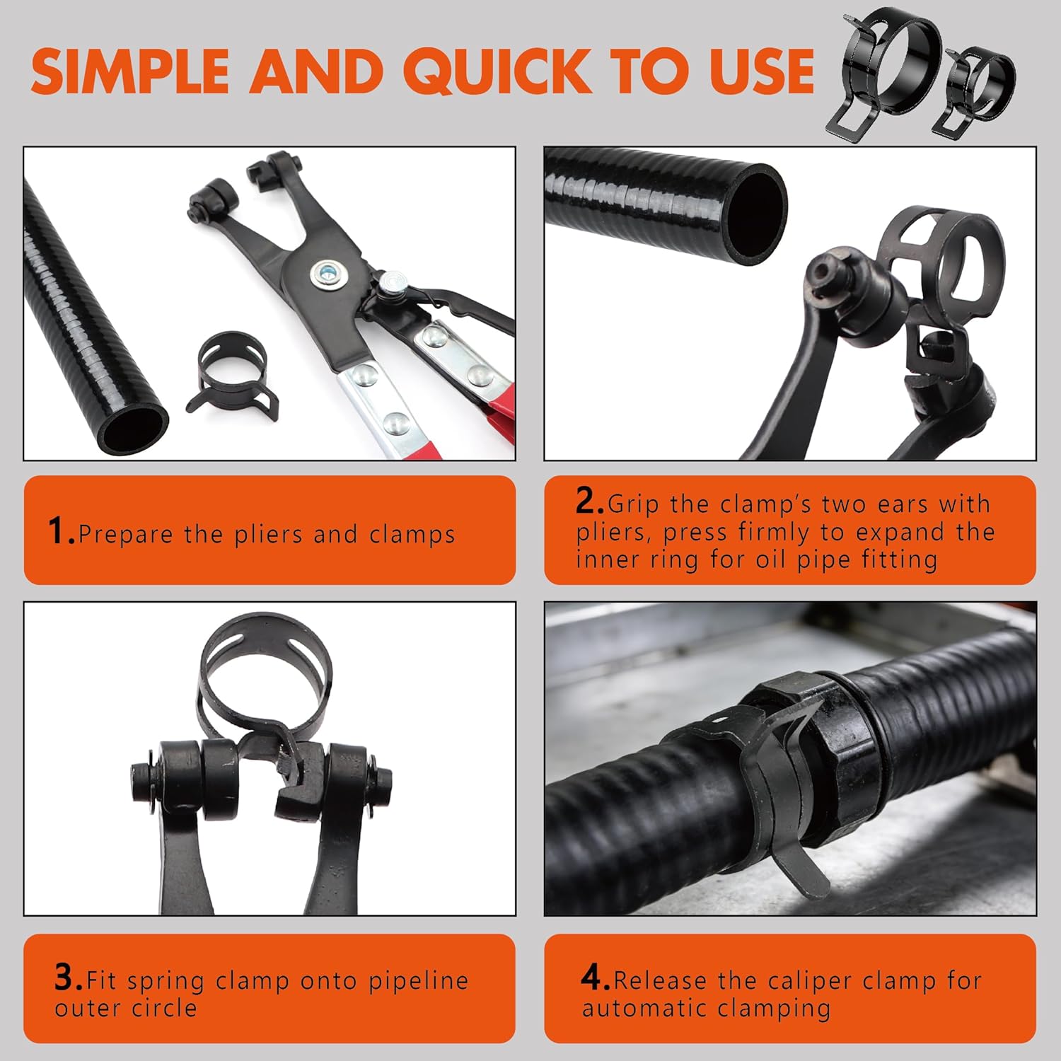 352Pcs Black Spring Band Hose Clamps Set,15 Sizes (6-25mm) with 3 Essential Tools,Constant Tension Steel Clamps for Fuel Lines,Vacuum Hoses,Silicone Tubes,Radiator Hoses