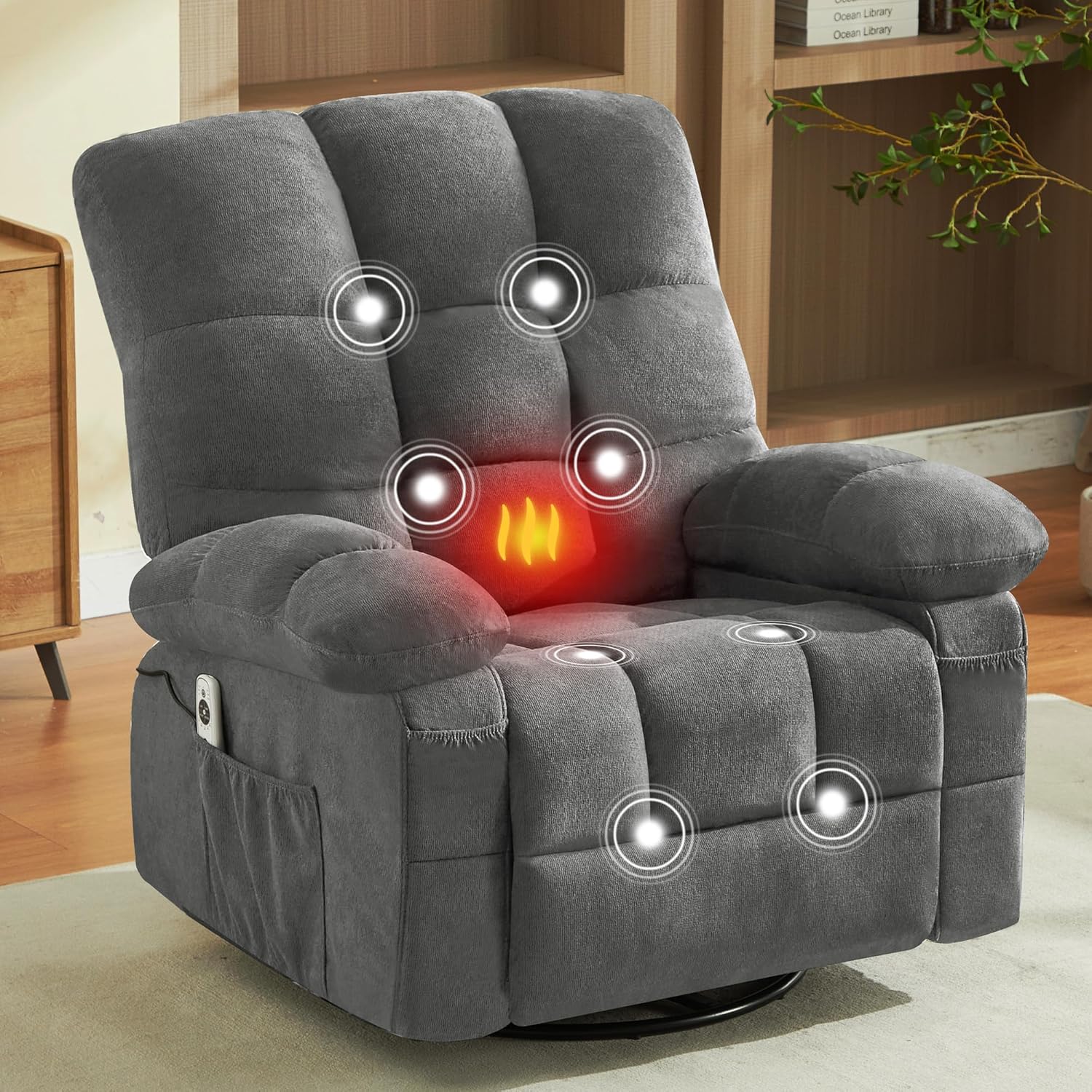 Massage Swivel Chaise Lounge with Vibration Massage & Lumbar Heating,Oversized Rocker Recliner Single Sofa with USB Charge,Comfortable Reading Chair for Apartment,Living Room,Gray