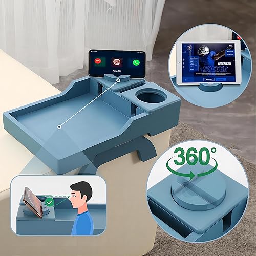 Miniatura 4 de Mesa de brazo para sofá, bandejas de TV plegables multifunción con soporte giratorio de 360 para teléfono y almohadilla, bandeja de mesa de sofá