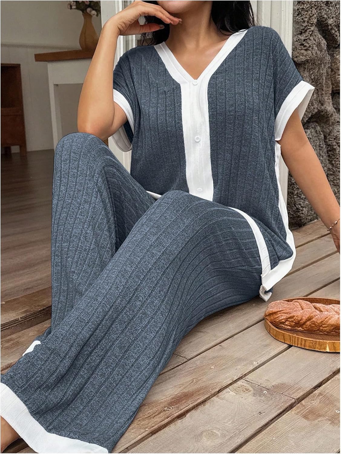 SHENHE Women's Ribbed Knit Pajamas Set Short Sleeve Sleepwear Soft Long Pants Pjs Lounge Set - Image 5
