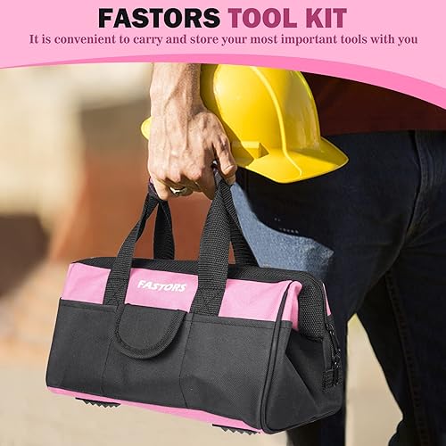 Vista 2 de Bolsa de herramientas rosa para mujer con doble cremallera de 13 pulgadas de ancho de boca, bolsa de herramientas con 8 bolsillos exteriores y 2