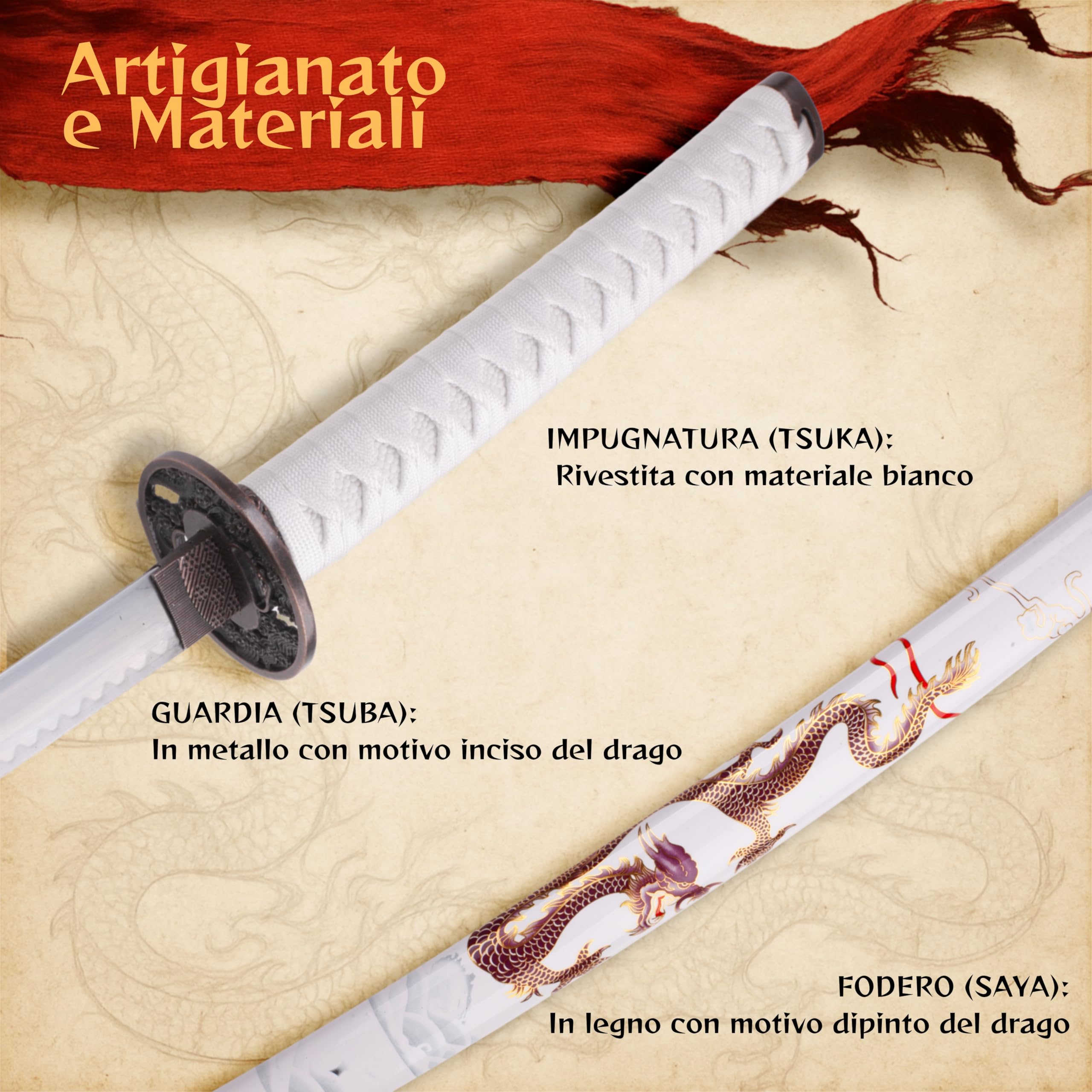 57 SPECIAL REPLICAS Oggetto di scena - Bianco con drago giapponese con fodero e supporto 103 cm 4KM100-405WH