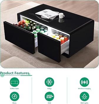 Modern Smart Coffee Table with Built-in Fridge, Bluetooth Speaker & Wireless Charging, Touch Control Living Room Table with Drawers, USB Ports, Outlet & RGB Atmosphere Light, Black
