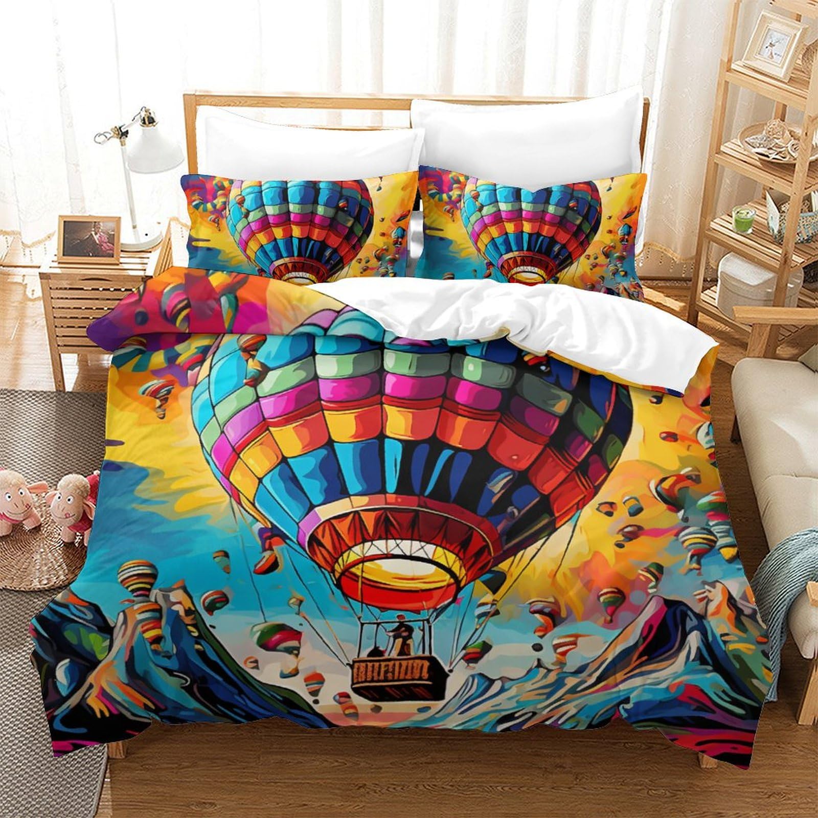 Palloncino ad aria calda 3D Stampa Set Di Biancheria Da Microfibra Set Copripiumino in Con Federa Con Chiusura A Cerniera 3 Pezzi Per Bambini E Adulti King（220x240cm）
