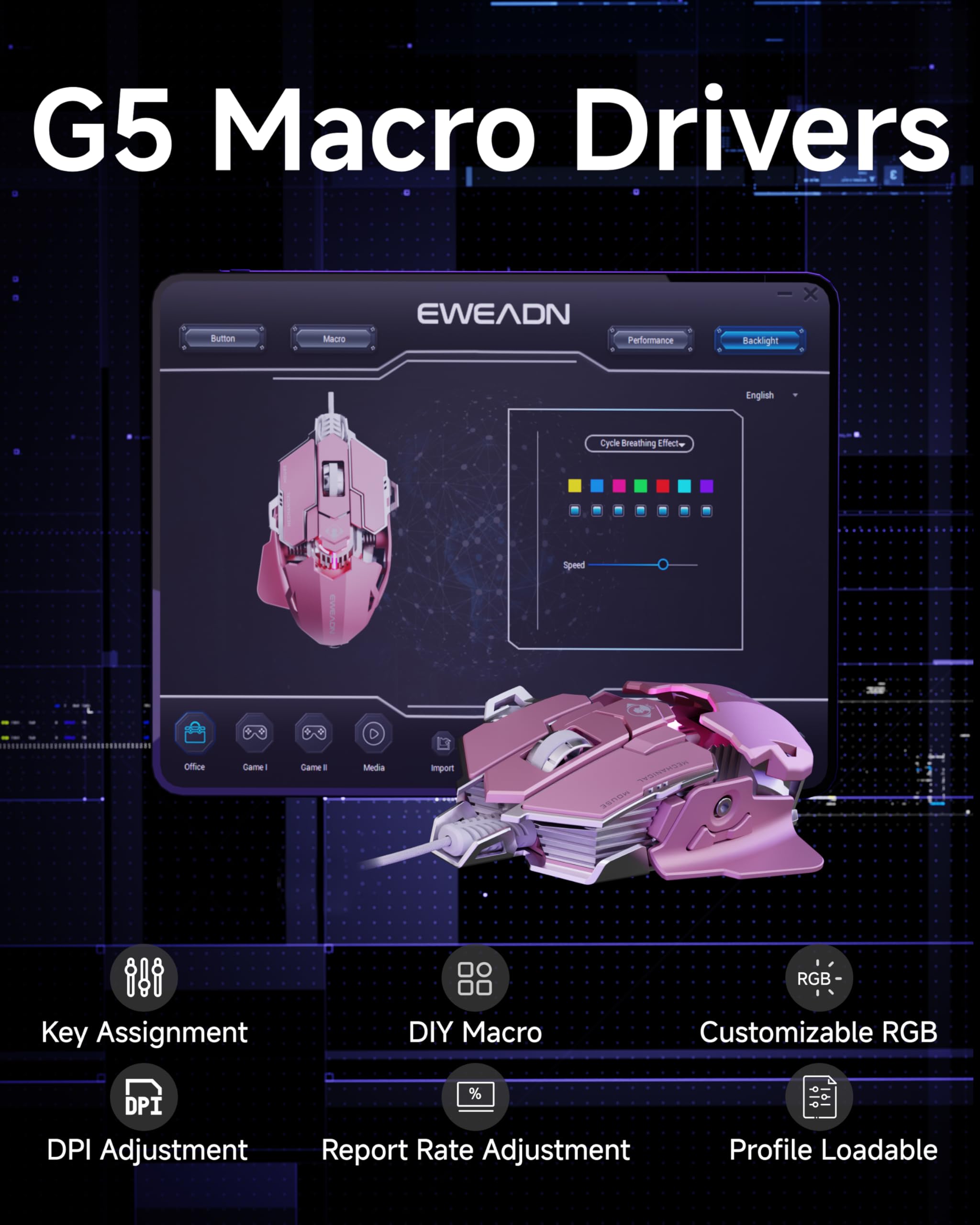 SEUNKWANG EWEADN G5 Mouse da gioco cablato, mouse ergonomico RGB per computer, DPI regolabile 12800, 9 pulsanti macro programmabili con tasto Rapid Fire, compatibile per PC/laptop/Windows, rosa