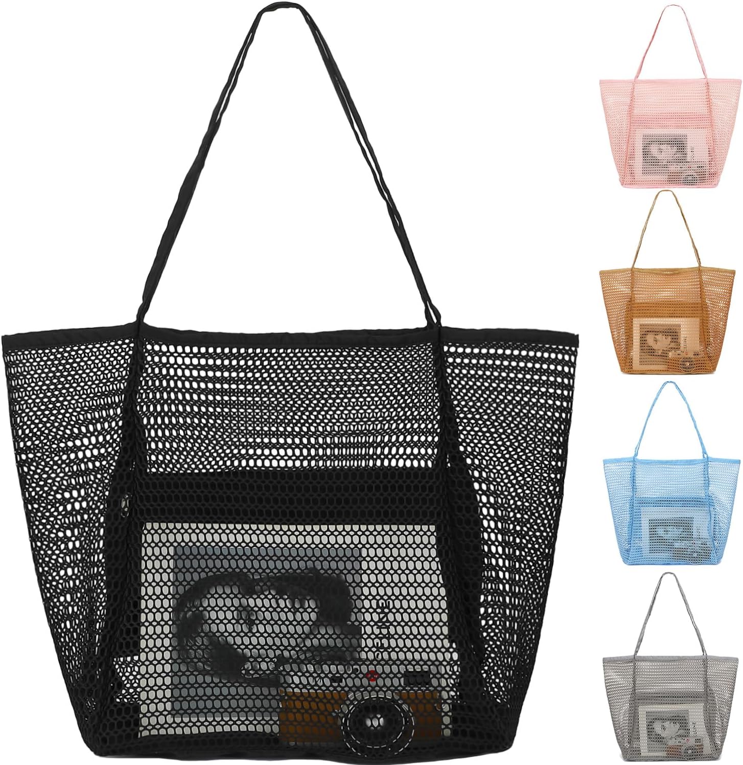 Mesh Beach Bag, Large Beach Tote with Zipper Pocket, Toys Pool Bag for Family Travel Vacation Cruise Essentials