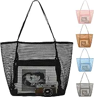 Bolsa de praia de malha, bolsa de praia extragrande com bolso com zíper, bolsa de piscina para cruzeiro/natação/férias essenciais