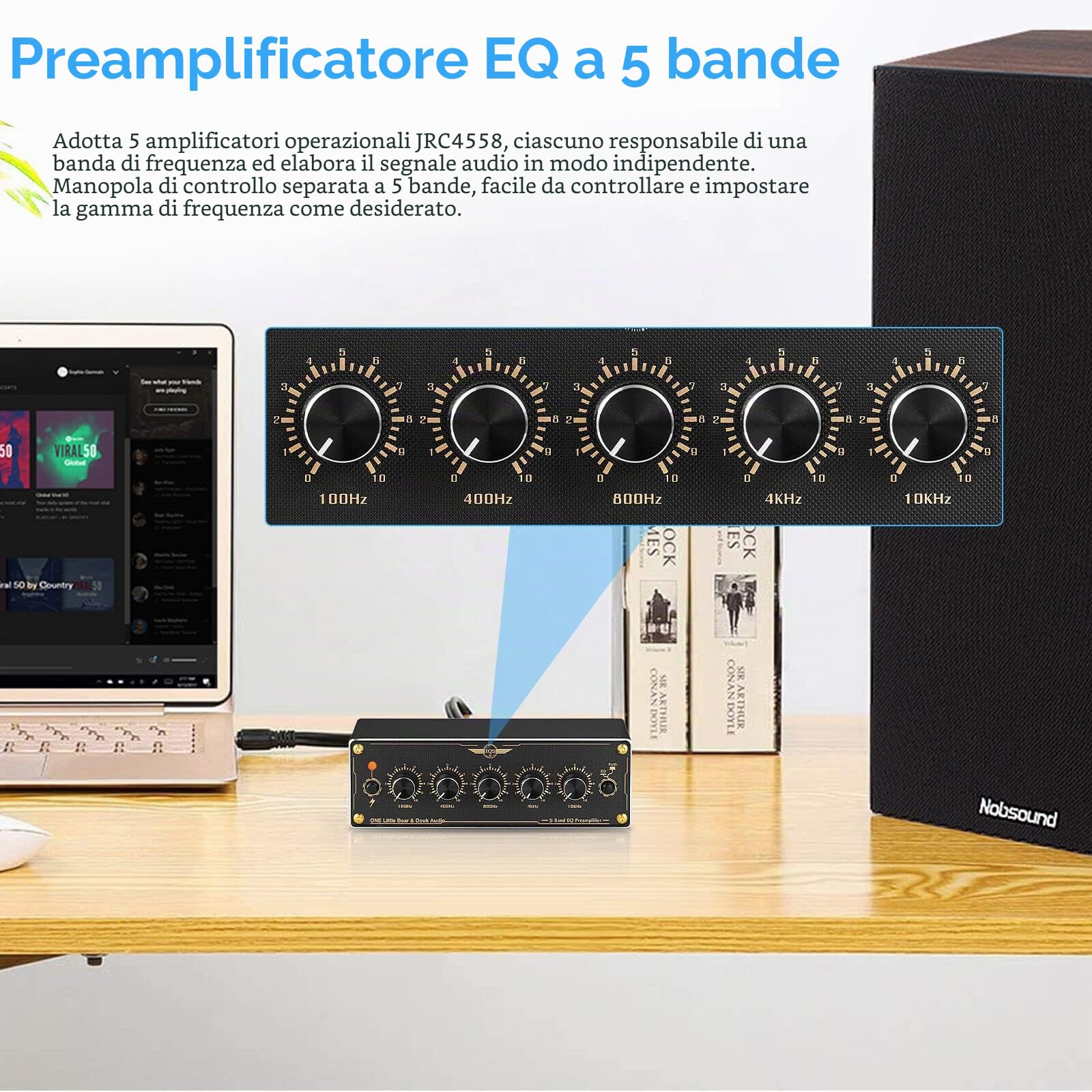 Douk Audio EQ5 Mini amplificatore a 5 bande EQ Preamp stereo analogico, equalizzatore portatile Audio Processor for Home/Car (EQ5)