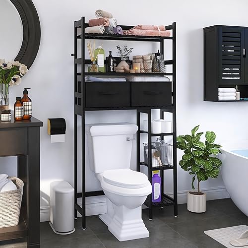 Miniatura 2 de SMIBUY Estante de almacenamiento sobre el inodoro, organizador de baño grande de bambú de 6 niveles con estantes laterales y 2 cajones, ahorro de