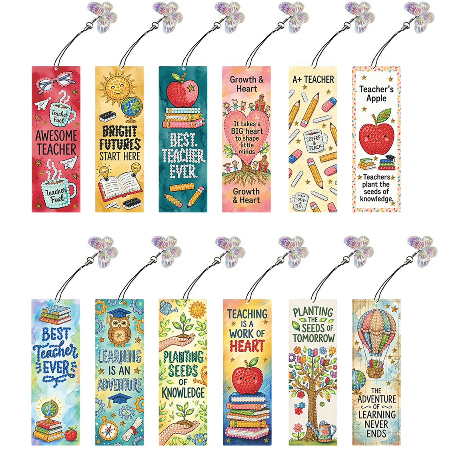 12 PCS Diamond Art Painting Bookmarks, 5D DIY Special Shaped Diamond Art Bookmarks with Tassels Rhinestone Bookmark Kits Rhinestone for Book Lovers Beginners & Adults Kids