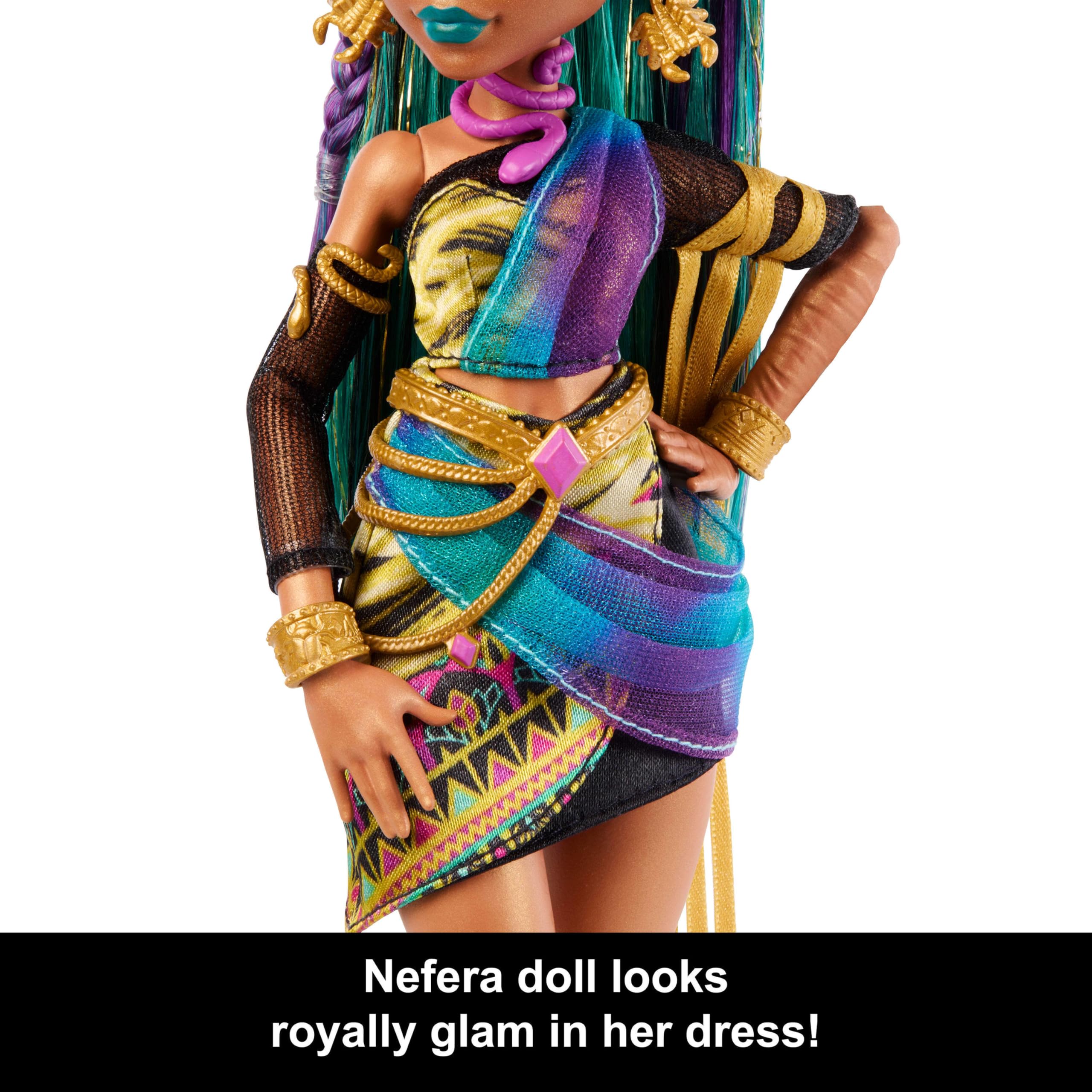 Monster High Nefera De Nile Doll, Royal Mummy in Dress with Pet Scarab Lavish and 7 Accessories Like Purse, Laptop, Sunglasses, Drink and Snacks