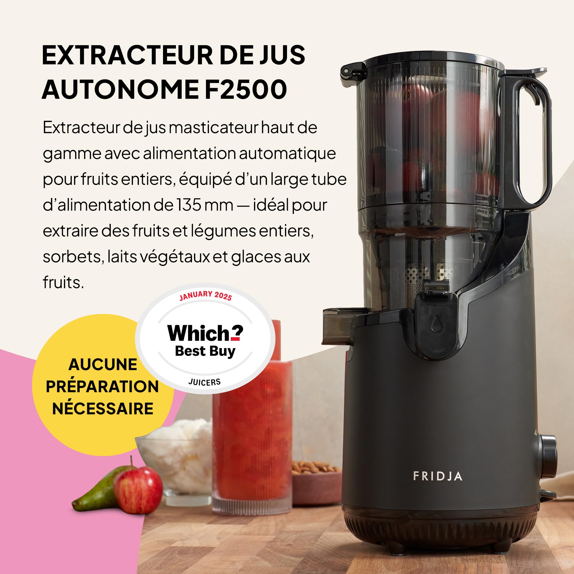Fridja f2500 Extracteur de Jus à Alimentation Automatique 250W Goulotte 135mm Fruits Entiers Sans BPA Noir Mat