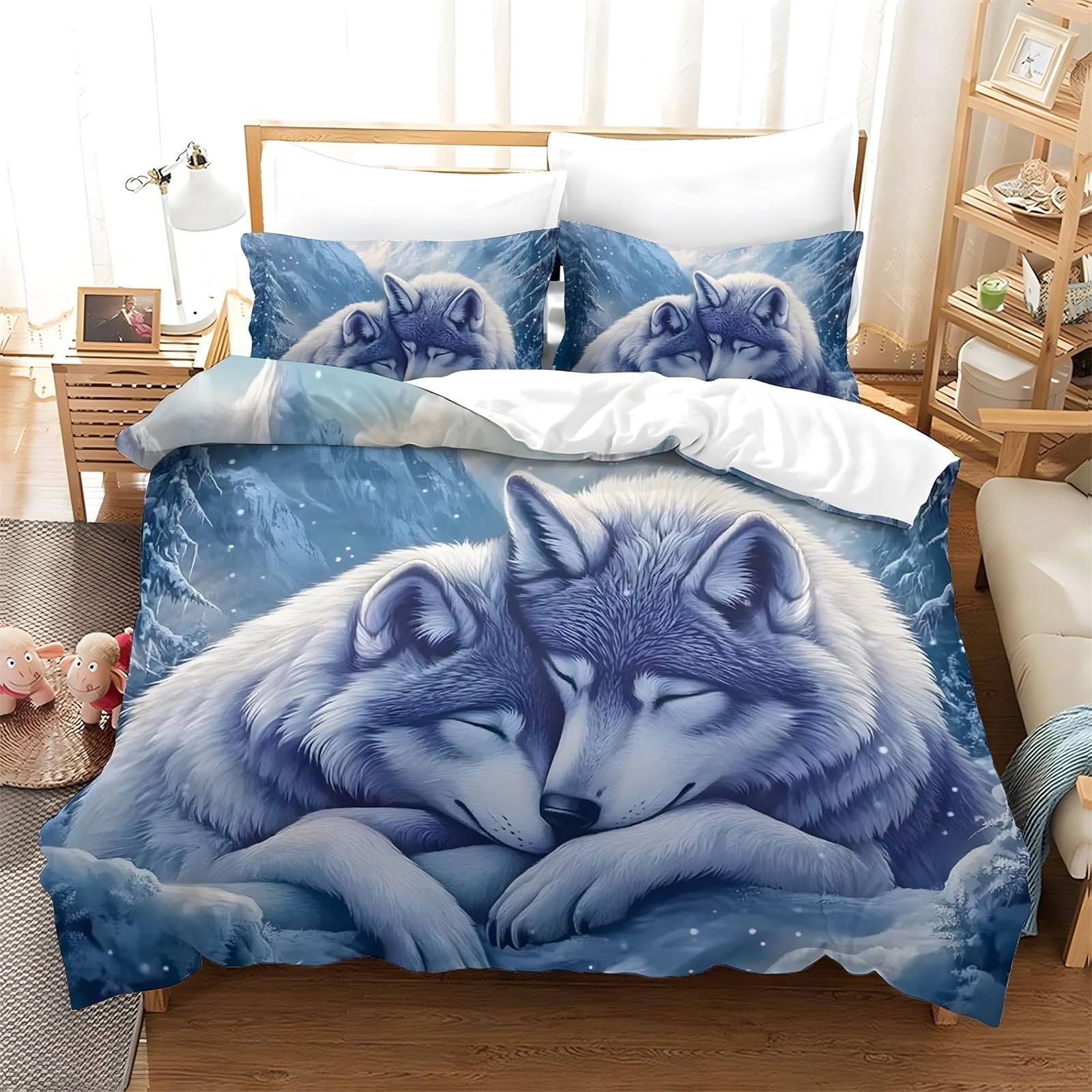 Ypthriline Single Duvet Cover Set Snow Wolf Bedding Set Microfiber Blue Duvet Covers with Pillowcases Reversible Bedding With Zipper Closure 135x200CM