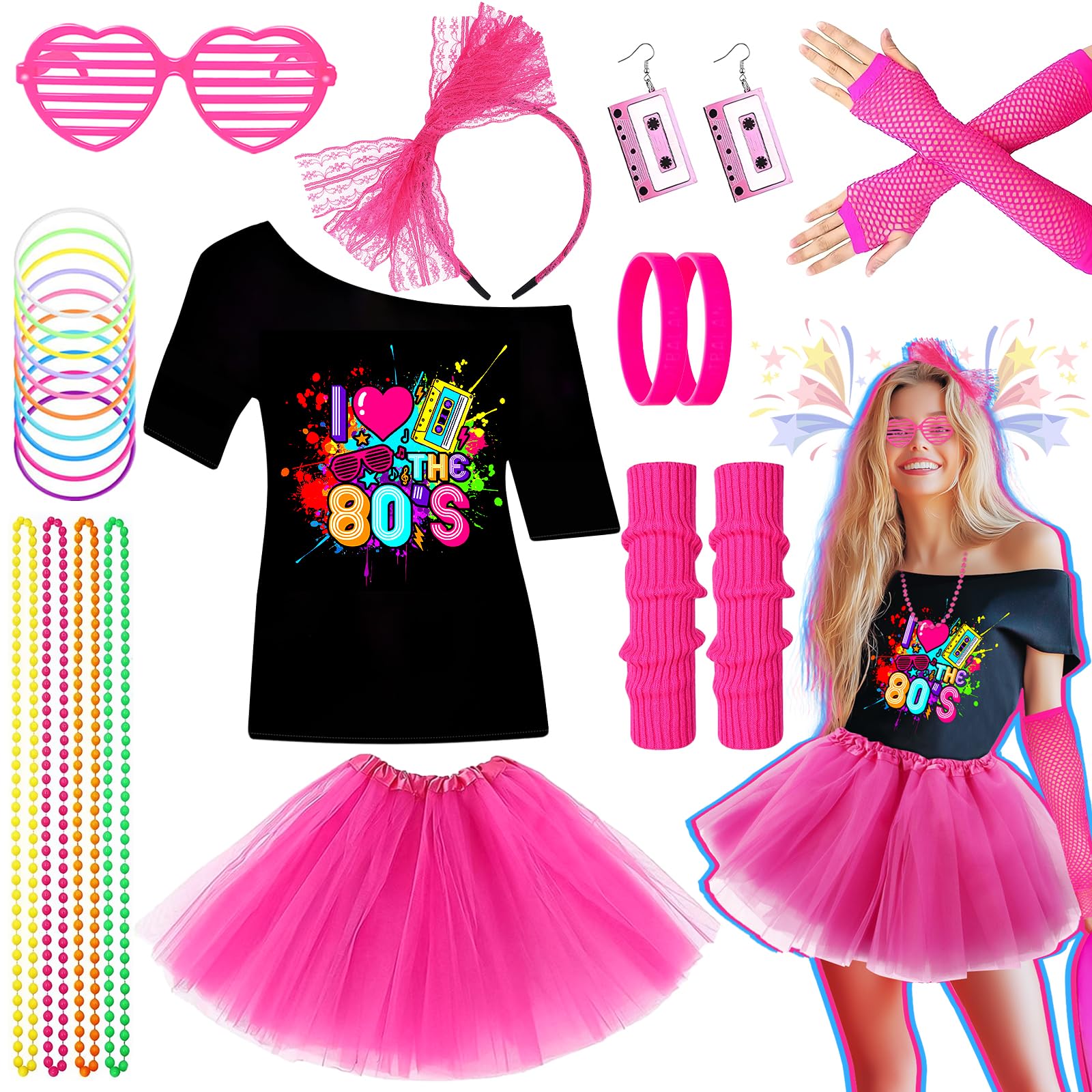 10Pcs 80s Accessories Set for Women, Retro Fancy Dress with Tutu Skirt Leg Warmers Fishnet Gloves Earrings Lace Headband Glasses Bracelet for Girls 1980s Costume Outfit Hen Do Party