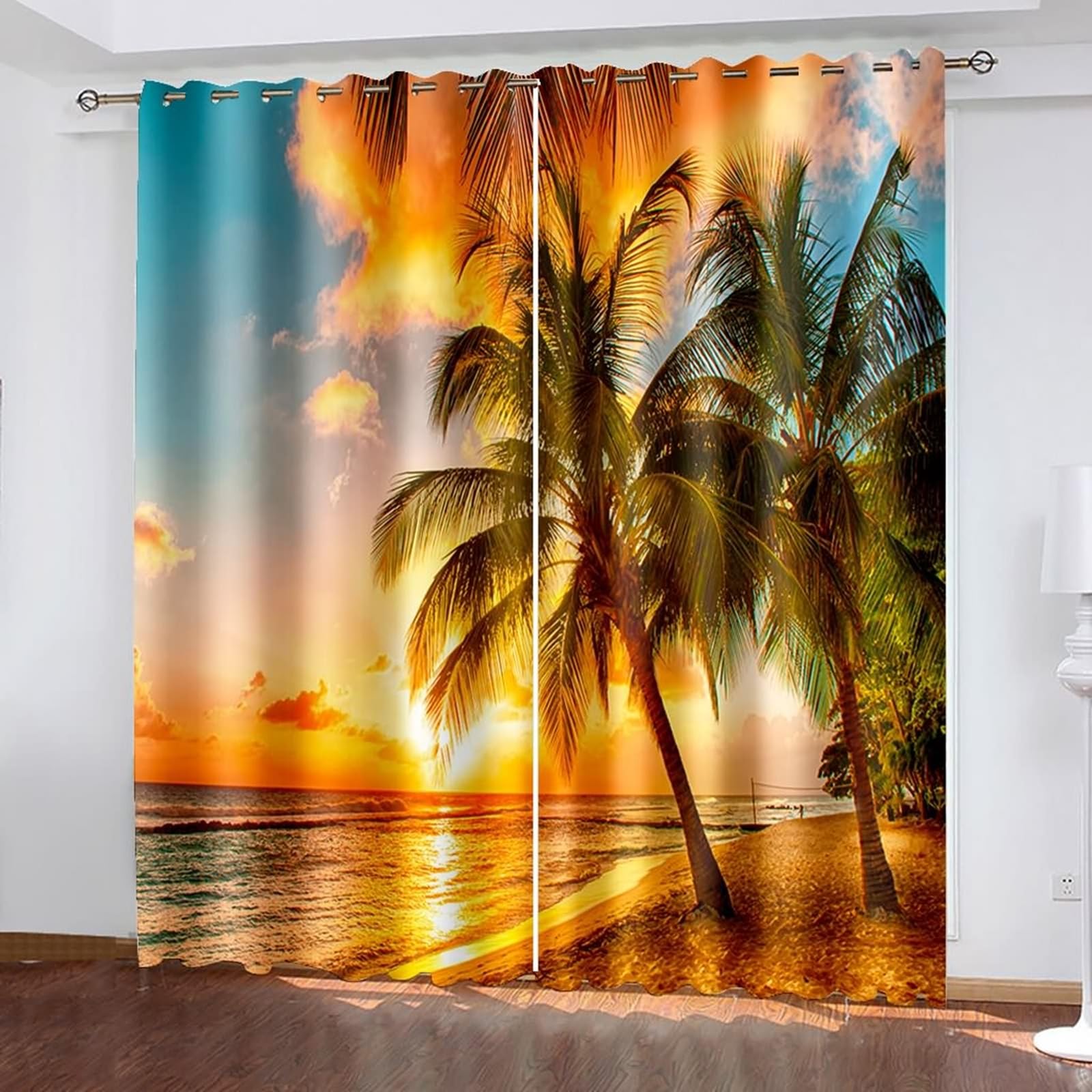 Gardinen Blickdicht, Verdunkelnde Vorhänge mit Ösen 2er Set Orange Gelb Grün Kokosnussbäume Meer Strand Sonnenuntergang Landschaft Vorhang für Wohnzimmer Schlafzimmer, 86x160 cm(BxH)
