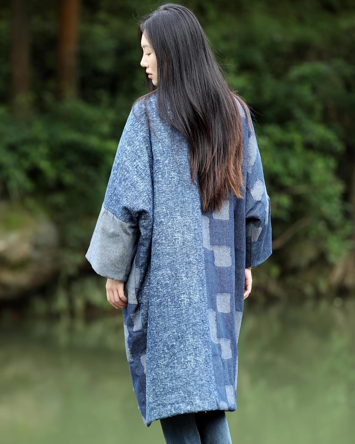 Women's Patchwork Kimono Cardigan Coat Boho Cotton-Lined Long Open Front Coat with Pockets, Loose Fit Vintage Denim Outerwea