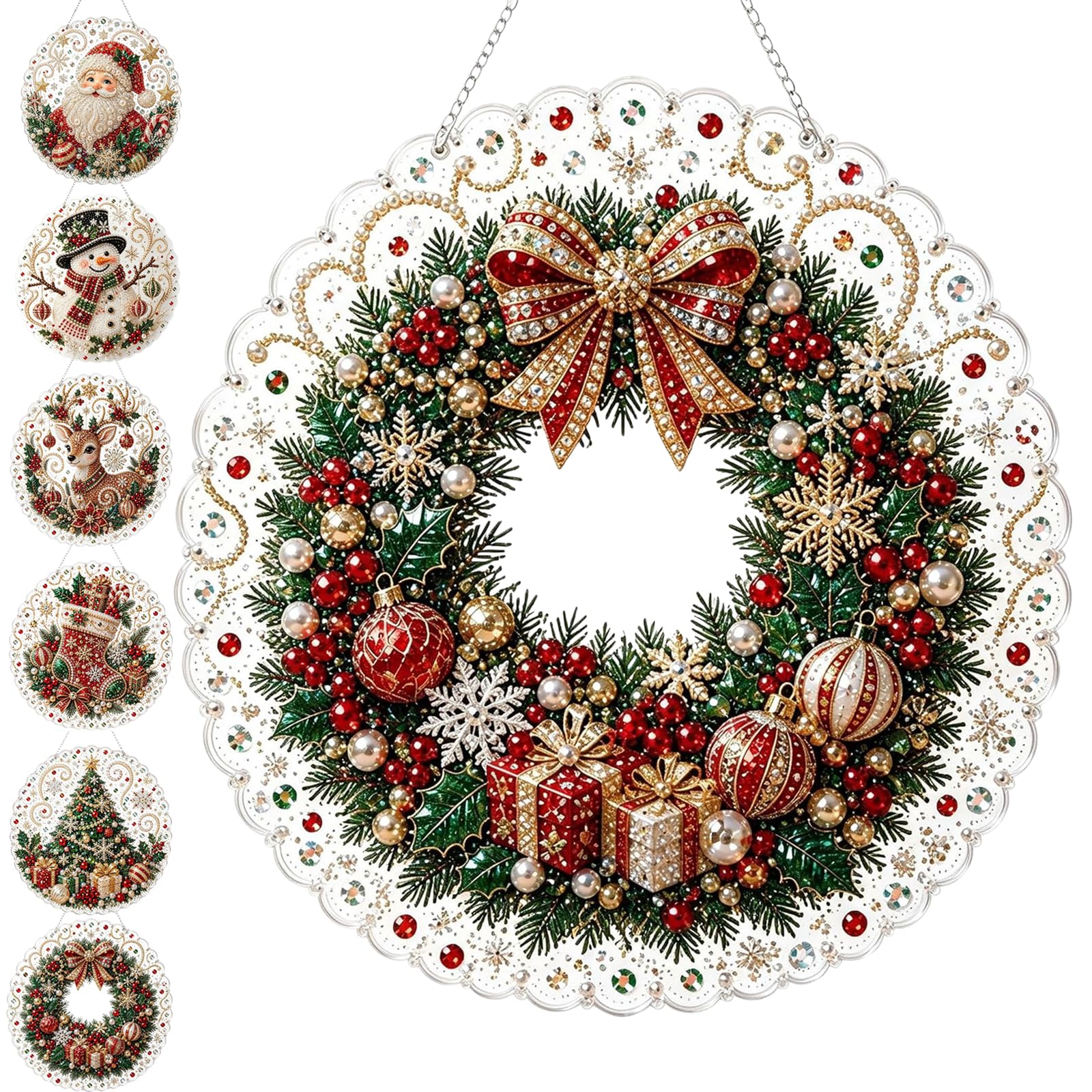 Christmas Pearl Diamond Painting Suncatcher Kit – DIY Pearl Art Kits for Adults, 5D Round Drill Holiday Window Decor, Relaxing Creative Craft Gift for Beginners ，Christmas wreath