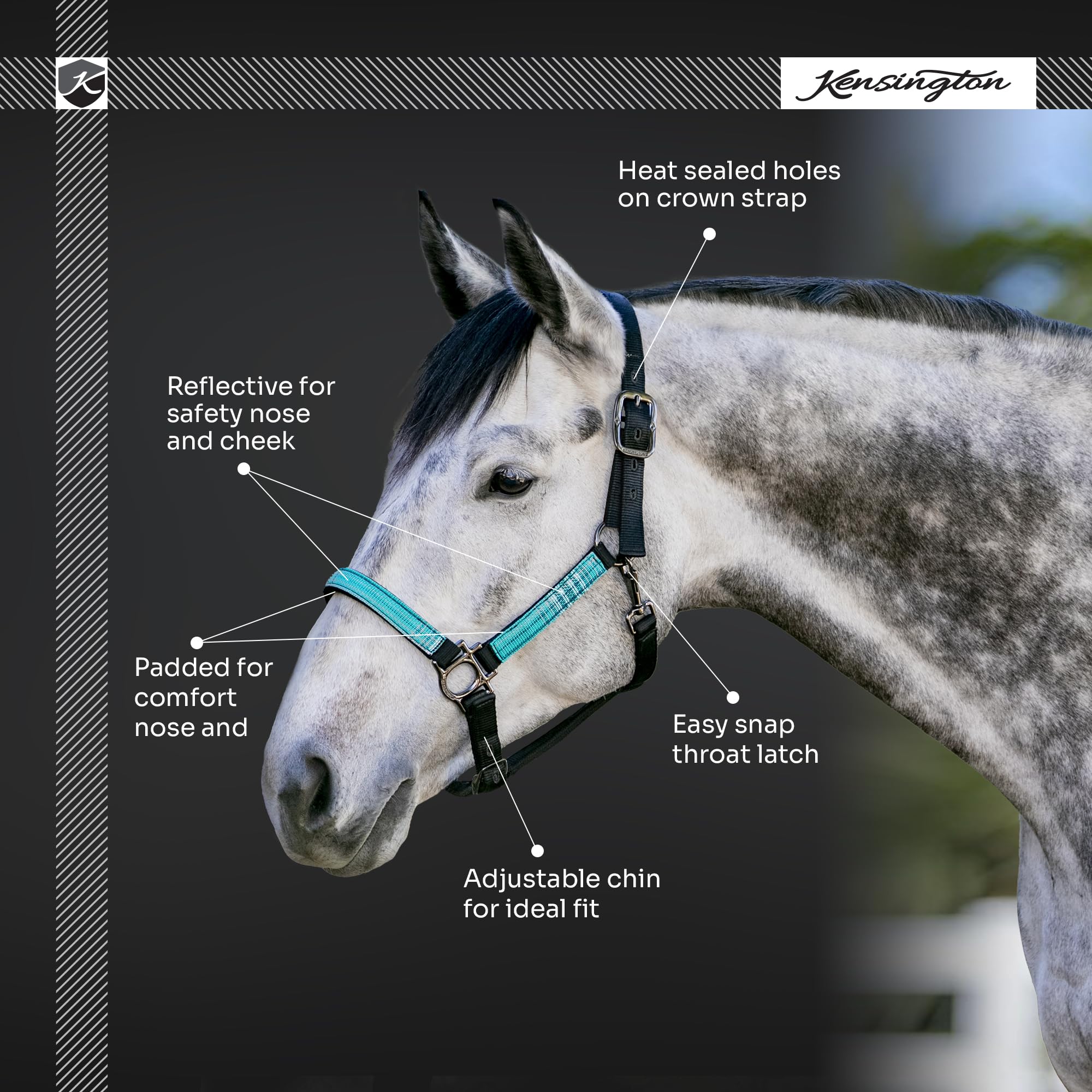 Kensington Cavezza refelective di alta qualità con naso imbottito e guancia aggiunge comfort e controllo con gola a scatto