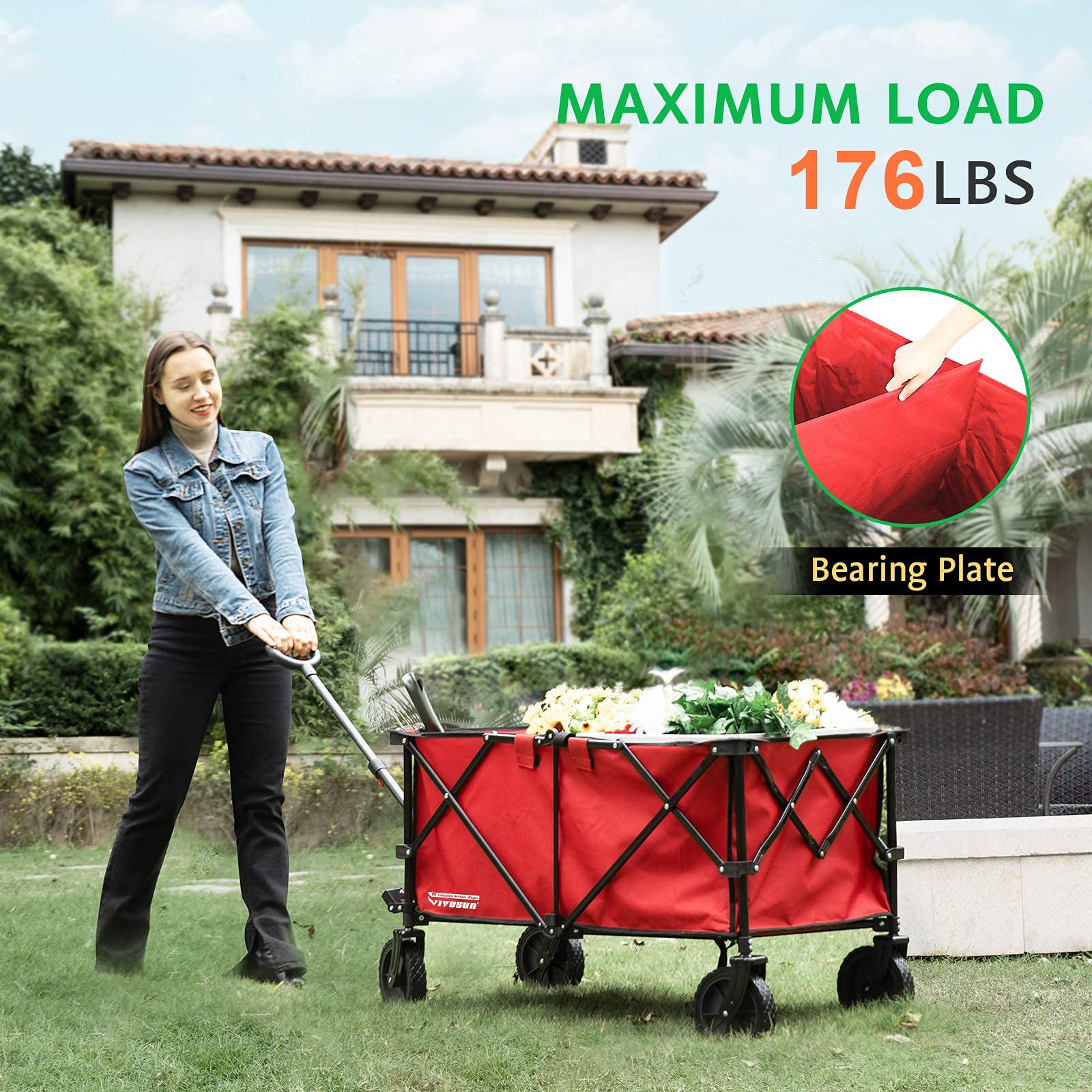 VIVOSUN Heavy Duty Folding Collapsible Wagon Utility Outdoor Camping Cart with Universal Wheels & Adjustable Handle, Red