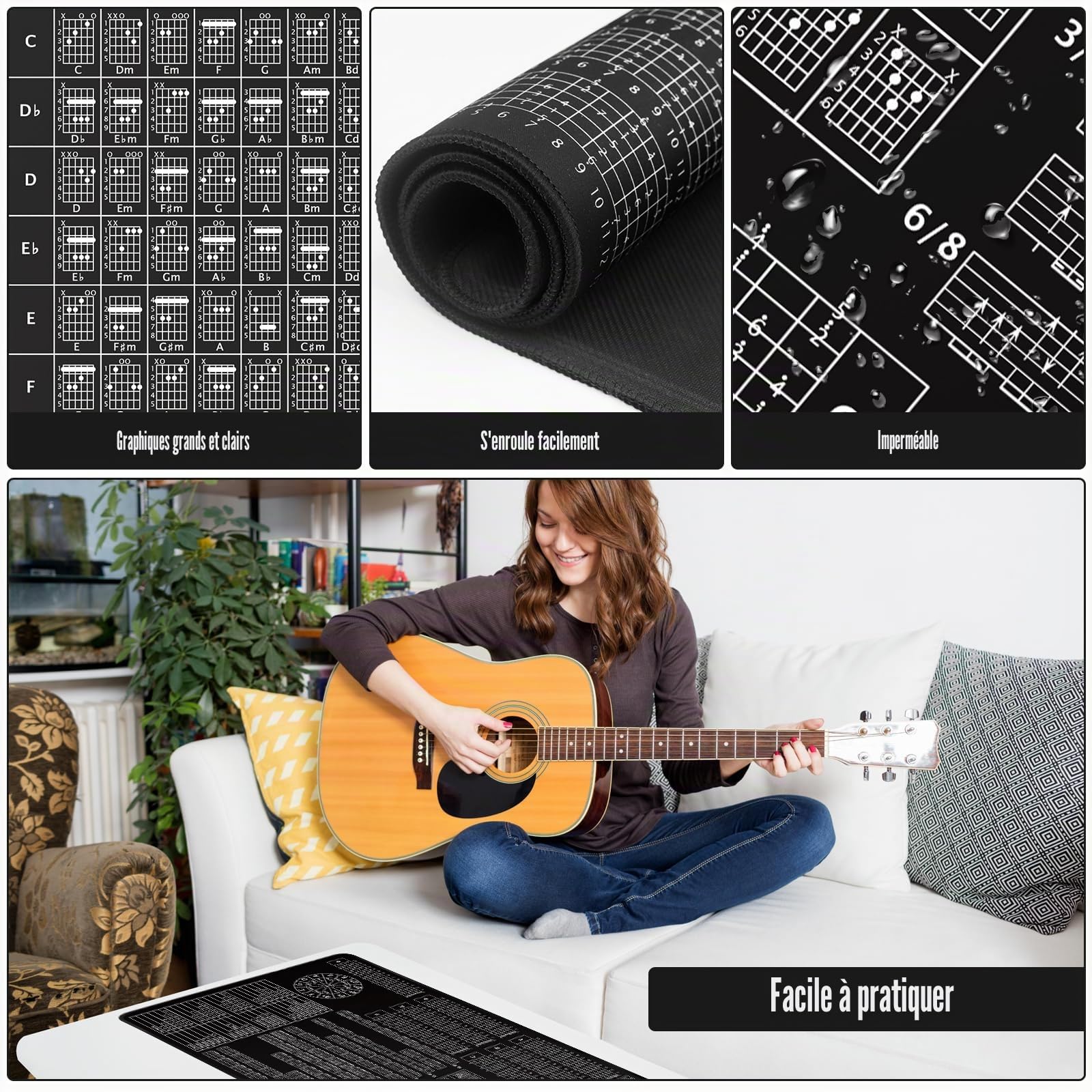 Tapis d'Exercice pour Guitare-Planche des Connaissances (97 x 45 cm) | Accessoire Guitare Débutant avec Accords Majeurs/Mineurs,Manche,Rythme,Strumming&Cercle des Quintes | Théorie Musicale