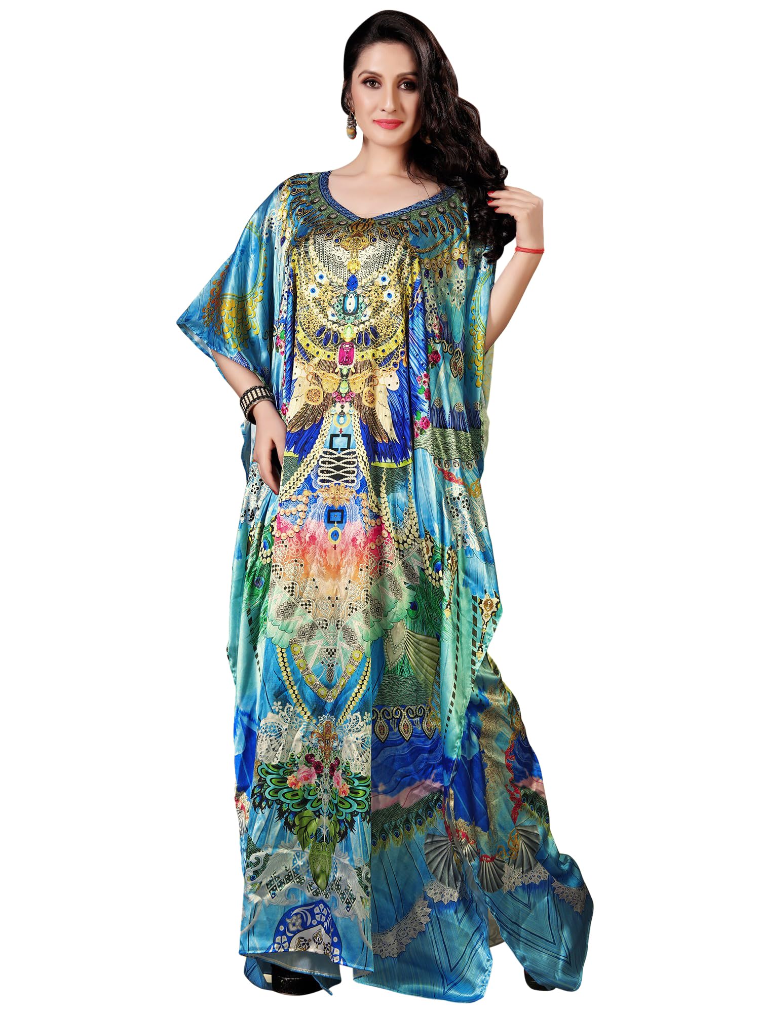 River Blue Printed Satin Long Kaftan in Luxurious V-Neck with Stone Work for Women's-image-43