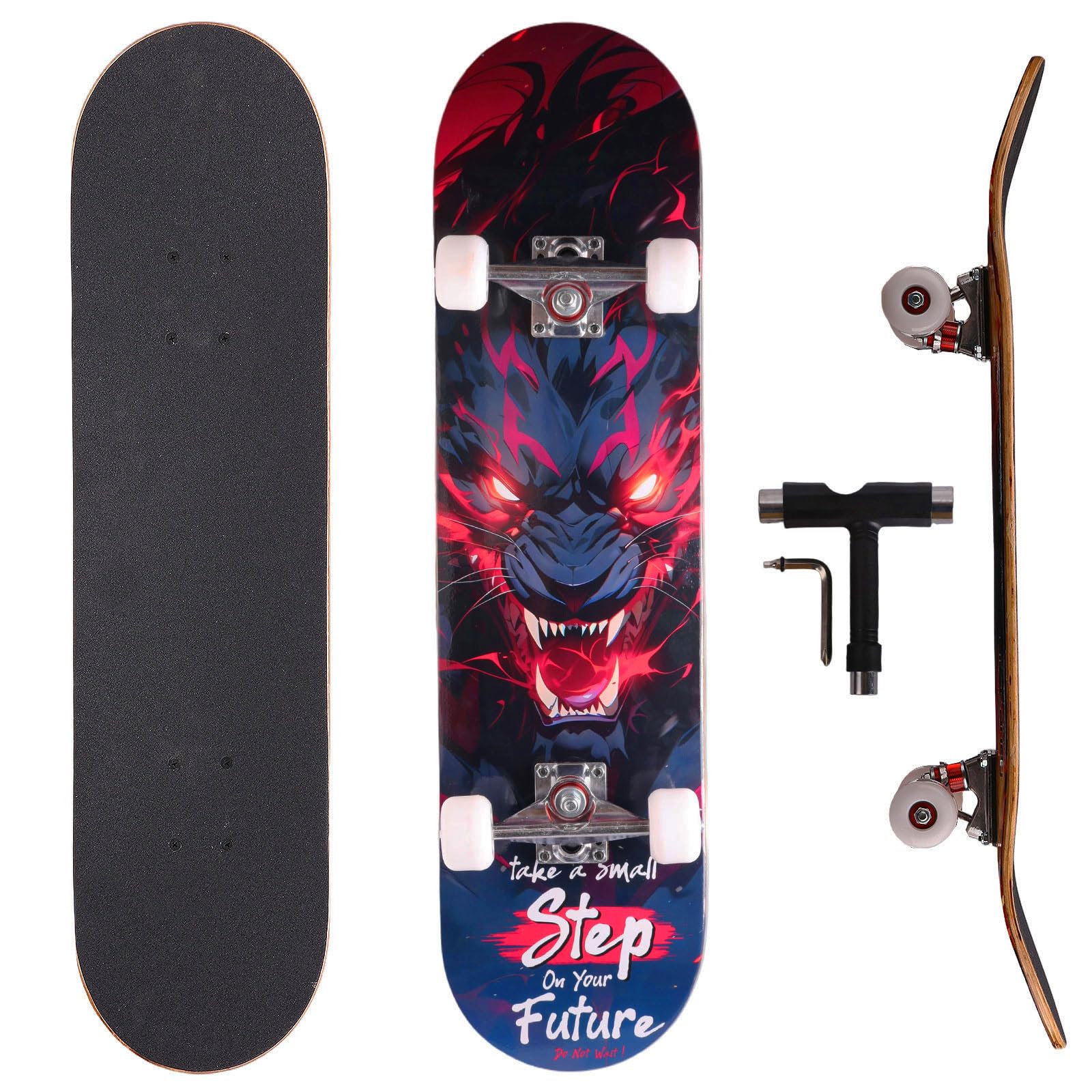 Skull &amp; Wolf Professional Double Kick Skateboard, 31 inch Maple Deck, ABEC-9 Bearings, 97A PU Wheels