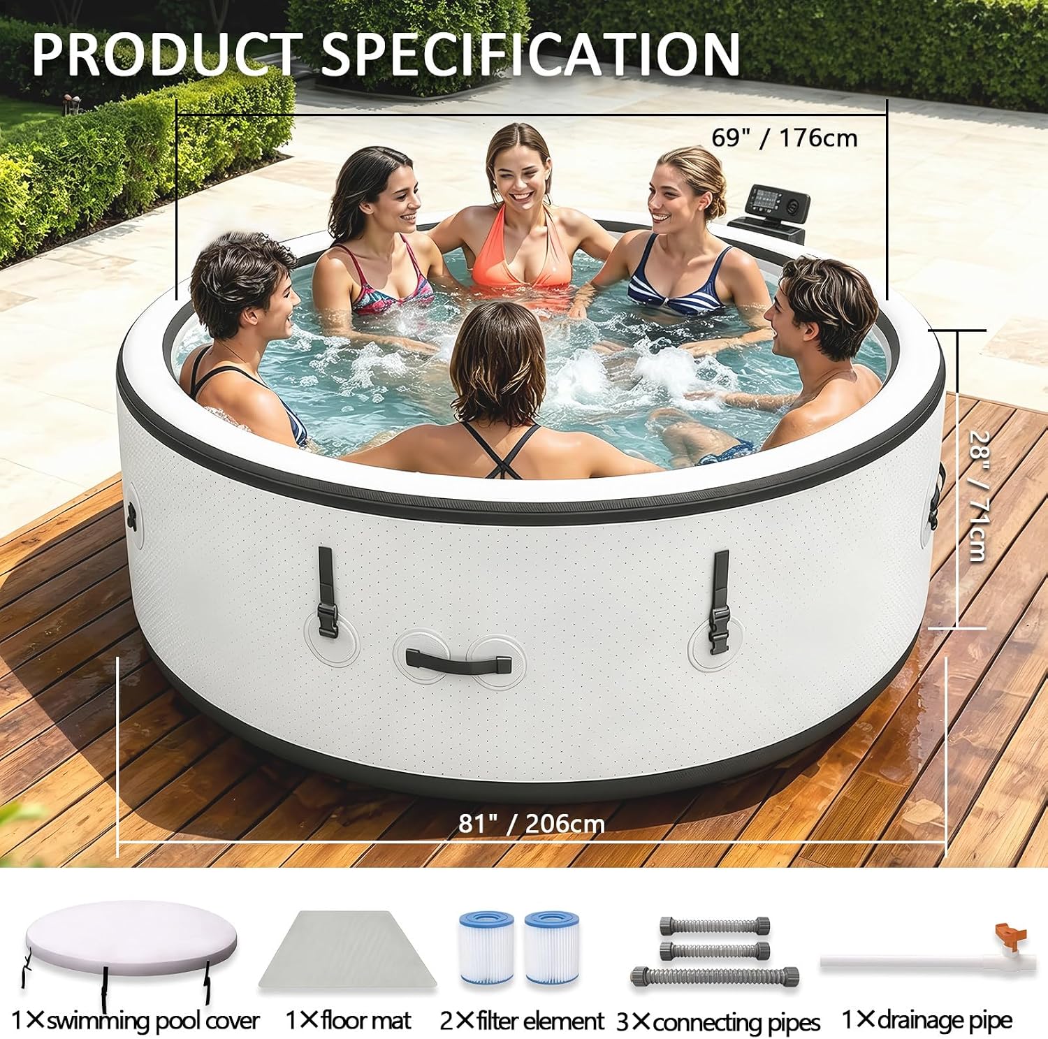 BANGBANGJI 6 Person Inflatable Hot Tub, Outdoor Energy-Efficient Portable Spa, 81" x 28" Round, 104°F Rapid Heating, with 150 Soothing Bubble Air Jets & 1 Thermal Cover for Patio Garden and Outdoors